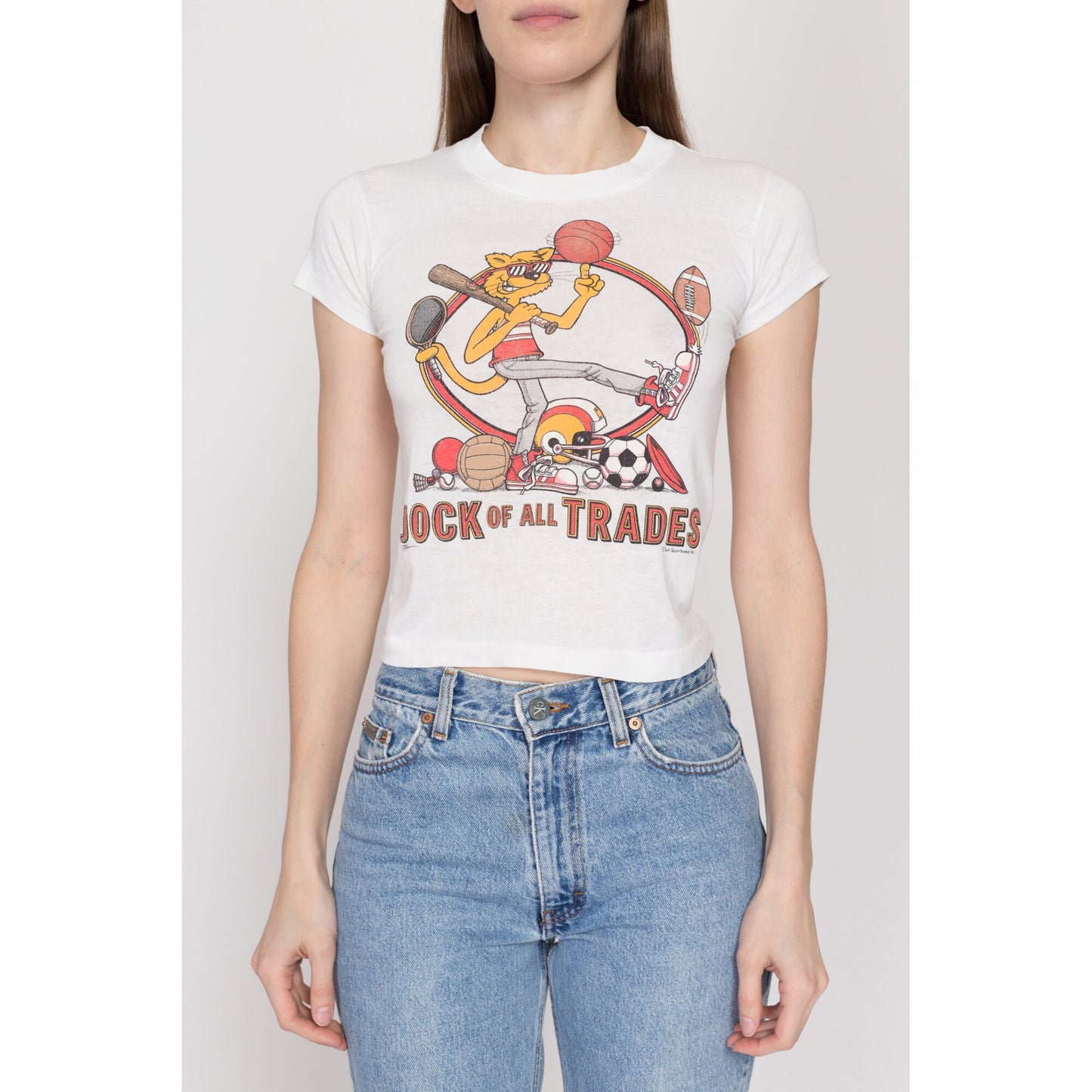 XXS-XS 80s "Jock Of All Trades" Cropped T Shirt | Vintage White Cartoon Cat Graphic Crop Top Tee