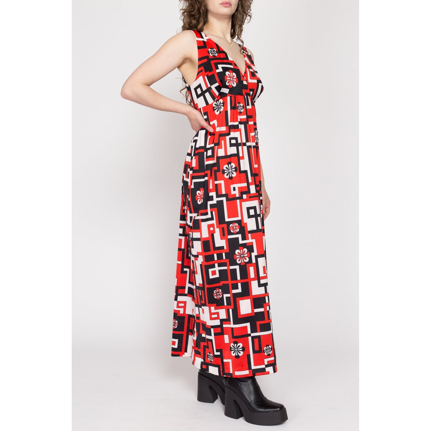 Medium 70s Red Geometric Print Loungewear Maxi Slip Dress | Vintage V Neck Empire Waist Boho Nightgown