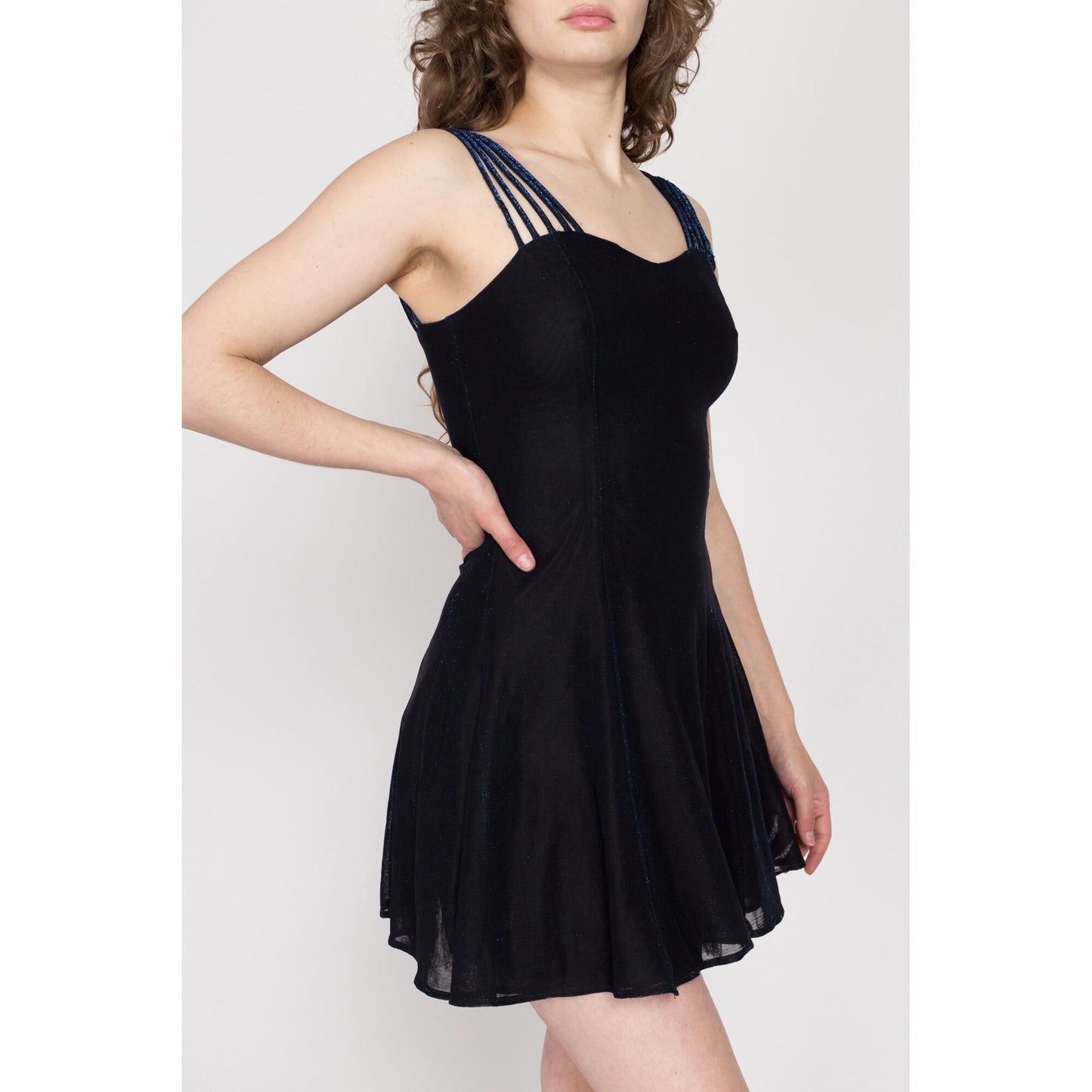 XS 90s Midnight Blue Metallic Strappy Party Dress | Vintage All That Jazz Sparkle Mini Dress