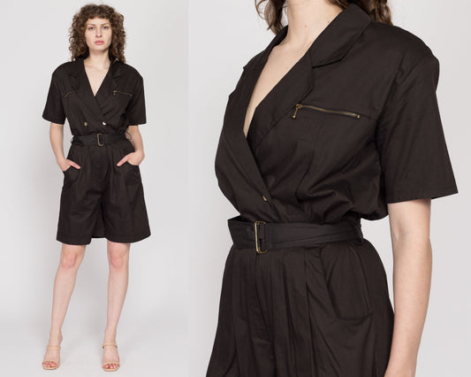 Large 90s Dark Brown Belted Romper | Vintage Military Style Double Breasted One Piece Outfit