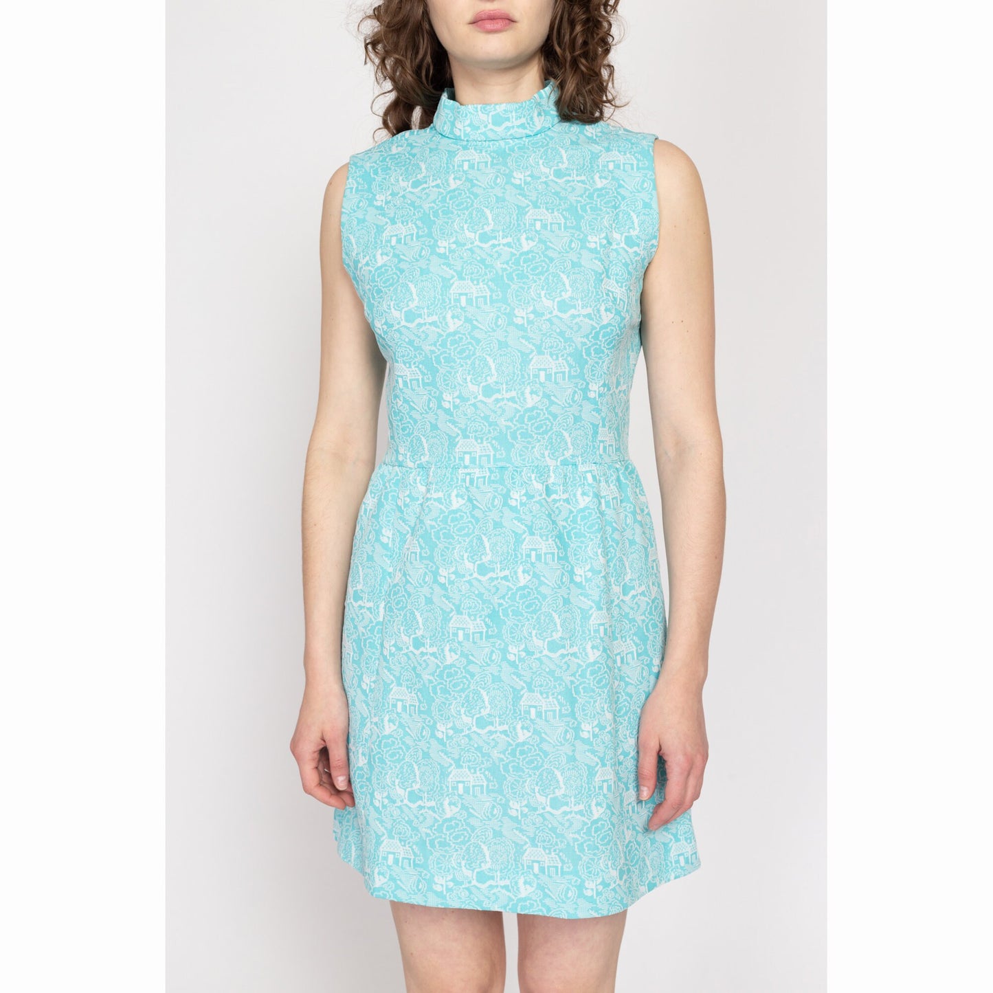 Medium 60s 70s Blue Village Novelty Print Mini Dress | Vintage Sleeveless Mockneck Mod Boho A Line Dress