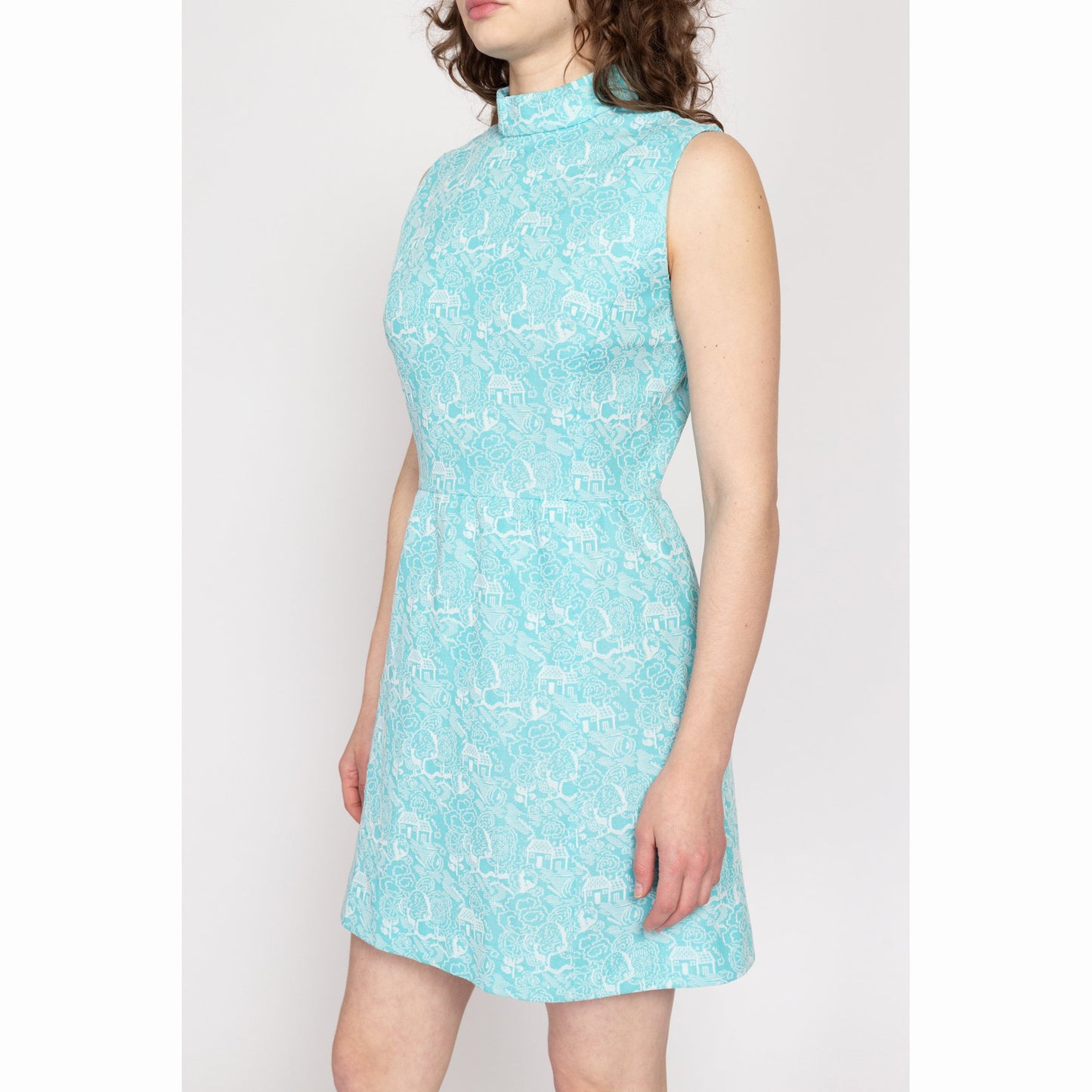 Medium 60s 70s Blue Village Novelty Print Mini Dress | Vintage Sleeveless Mockneck Mod Boho A Line Dress