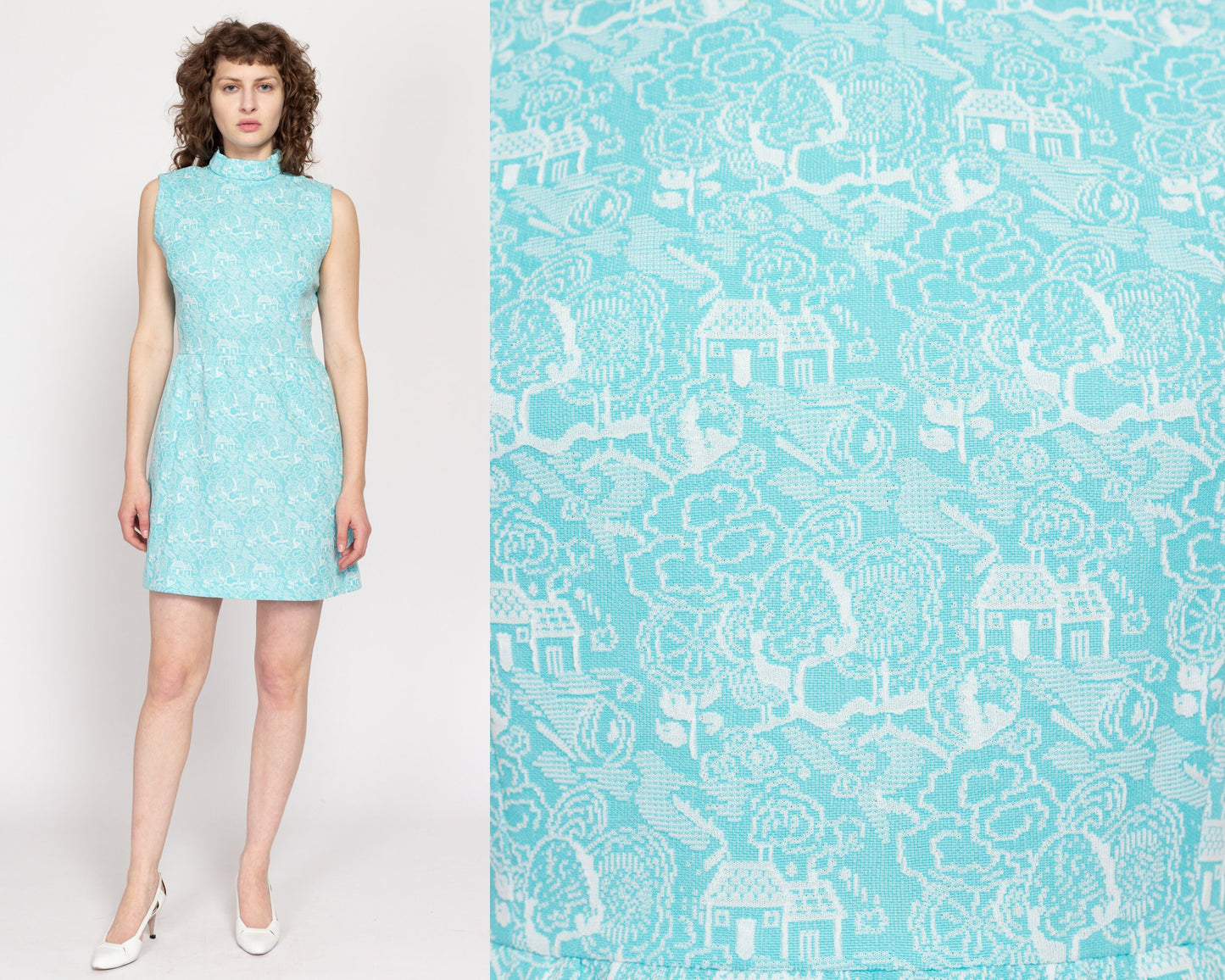 Medium 60s 70s Blue Village Novelty Print Mini Dress | Vintage Sleeveless Mockneck Mod Boho A Line Dress
