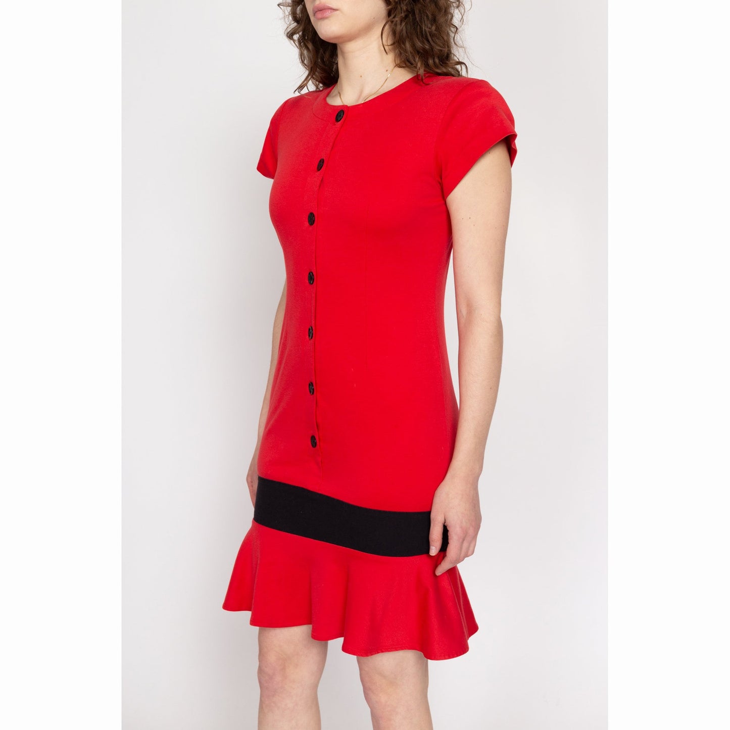 Small 80s Red & Black Color Block Ruffle Hem Dress | Vintage Button Up Short Sleeve Fitted Mini Cocktail Dress