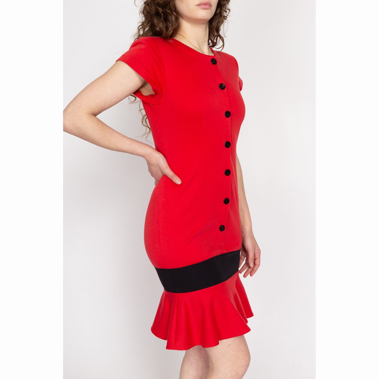 Small 80s Red & Black Color Block Ruffle Hem Dress | Vintage Button Up Short Sleeve Fitted Mini Cocktail Dress