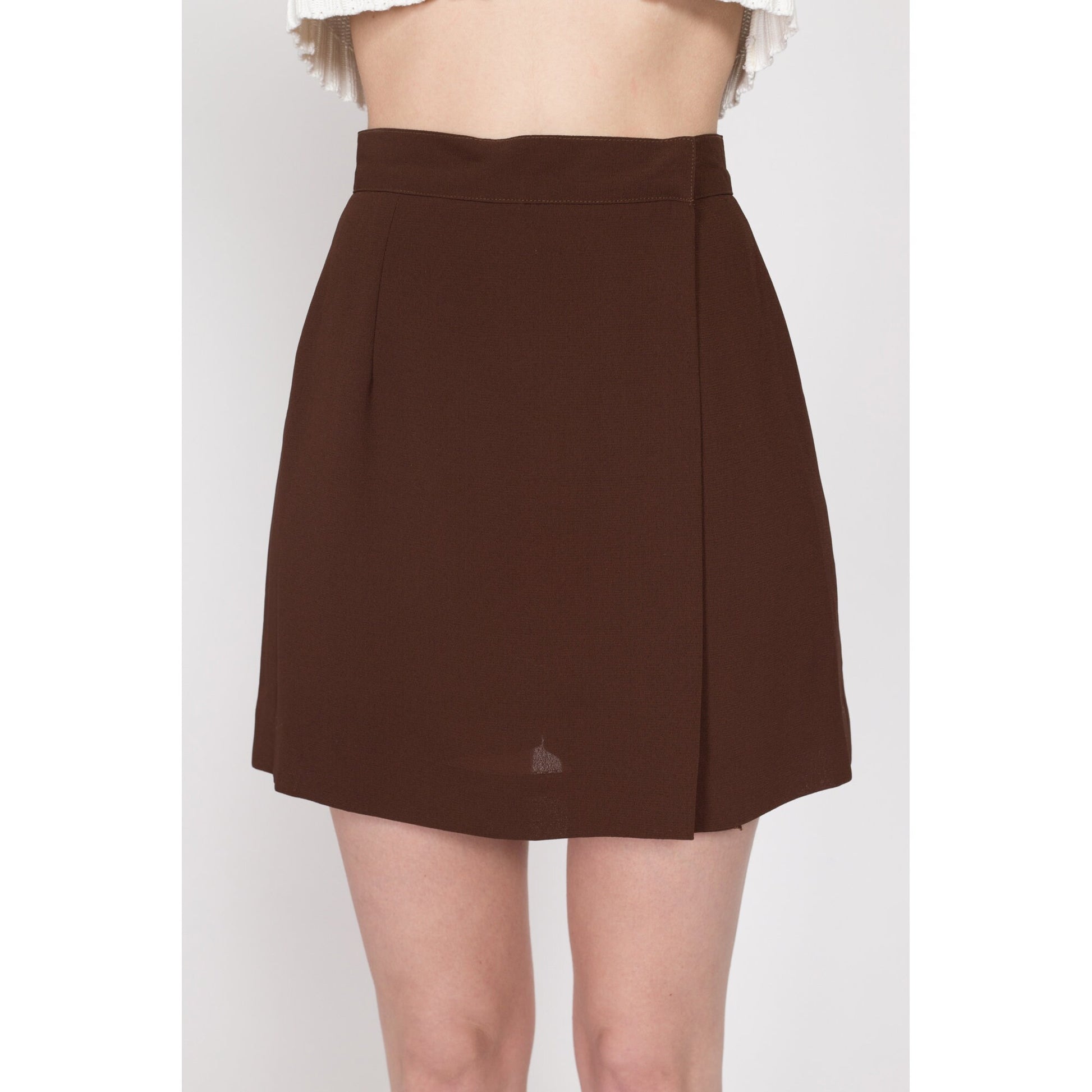 XS 90s Brown High Slit Mini Skort 24" | Vintage Minimalist High Waisted A Line Wrap Miniskirt