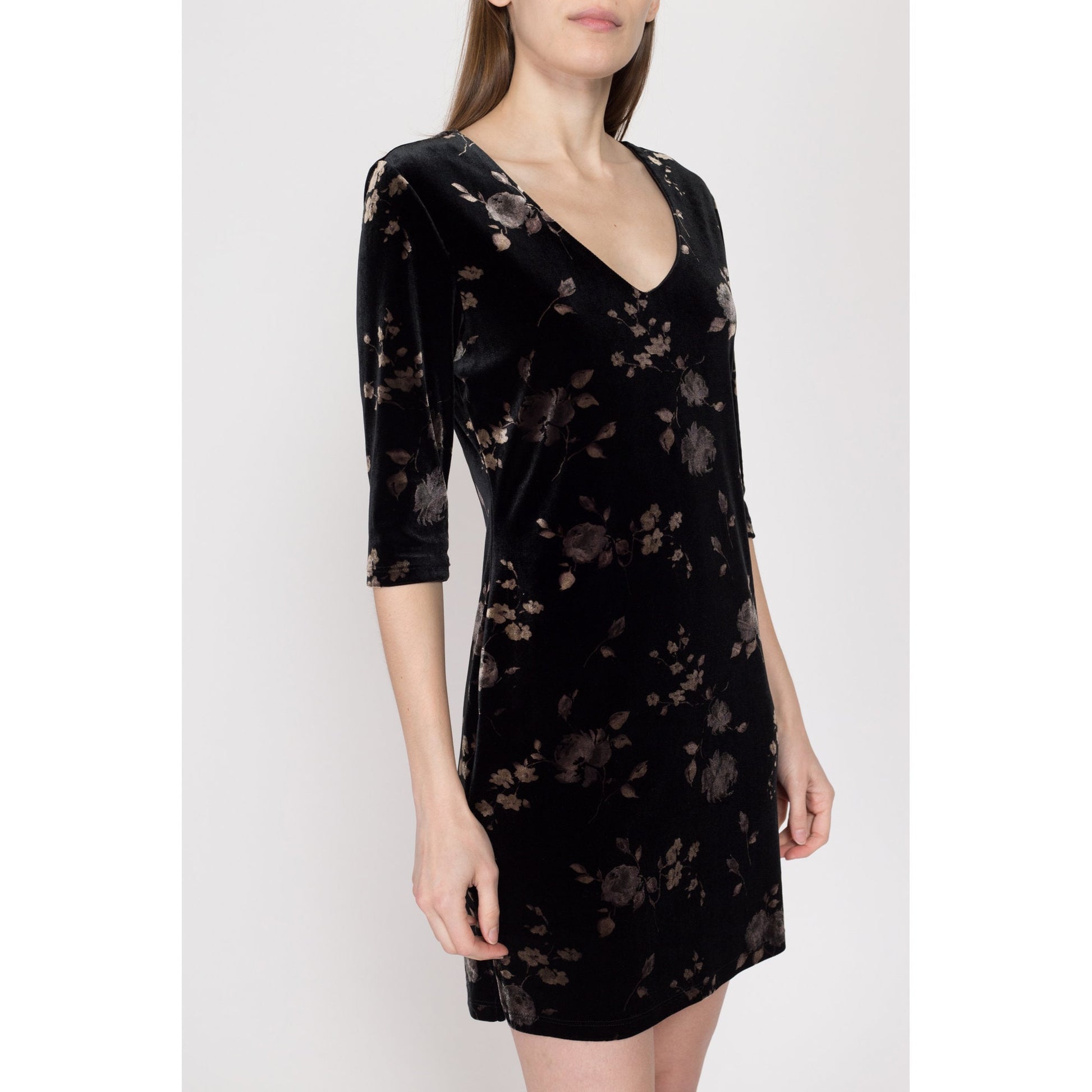 Medium 90s Black Floral Velvet 3/4 Sleeve Mini Dress | Vintage Grunge V Neck Stretchy Bodycon Dress