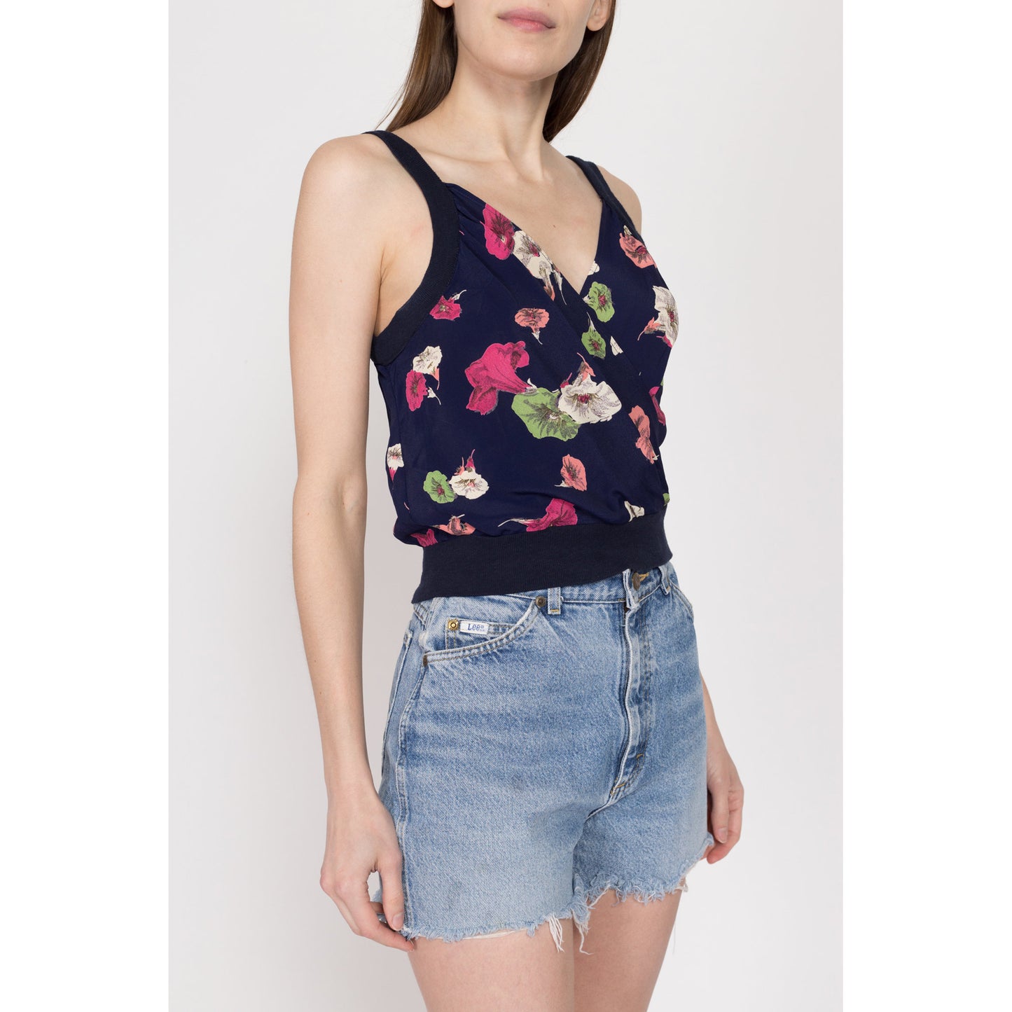 Small 80s Navy Blue Floral Cropped Tank | Vintage Boho Sleeveless Wrap Crop Top