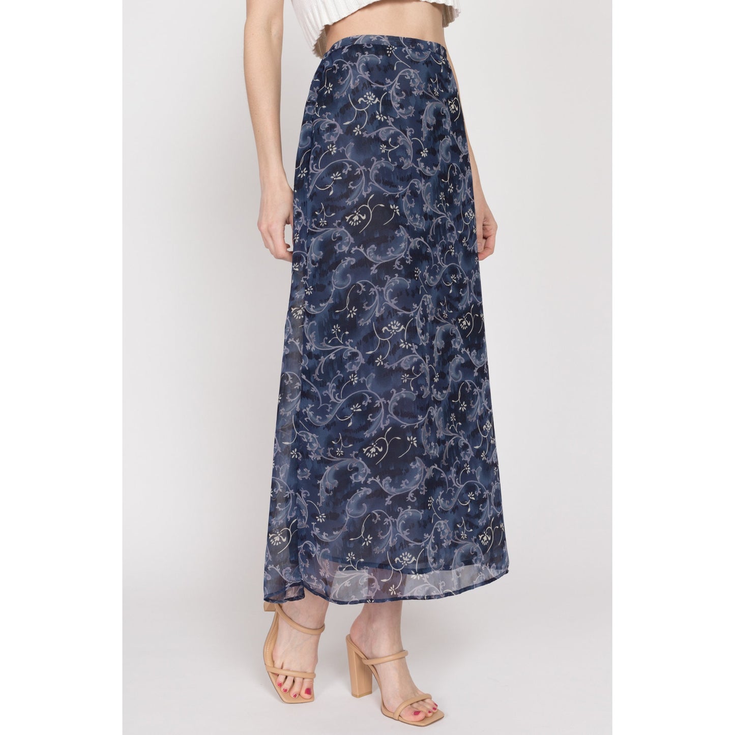 Small 90s Blue Floral Maxi Skirt | Vintage Grunge High Waisted Ankle Length Skirt