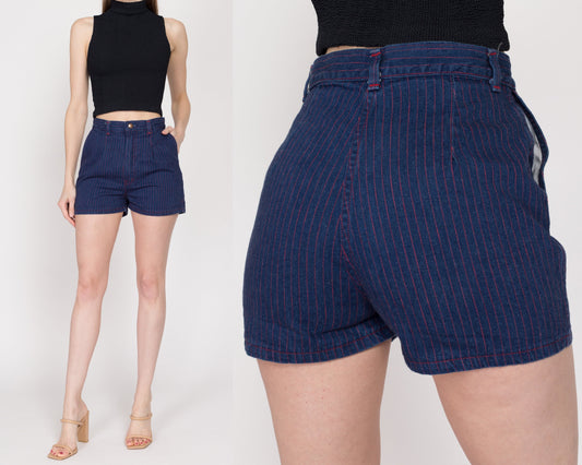 Small 70s Dee Cee Dark Wash Pinstriped Jean Shorts 26" | Vintage Denim High Waisted Retro Pleated Shorts