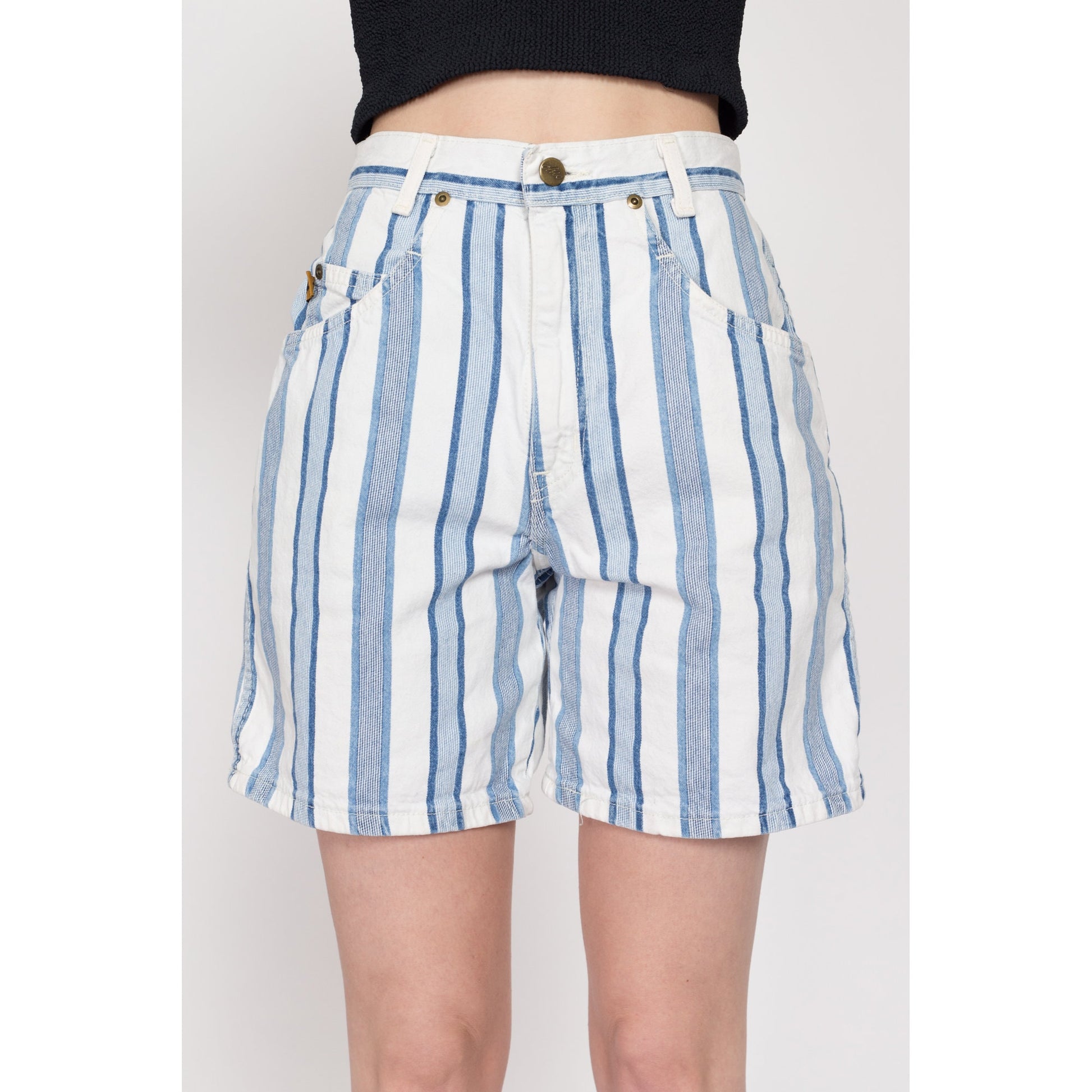 XS 80s Blue & White Striped Jean Shorts 25.5" | Vintage Chic High Waisted Denim Shorts