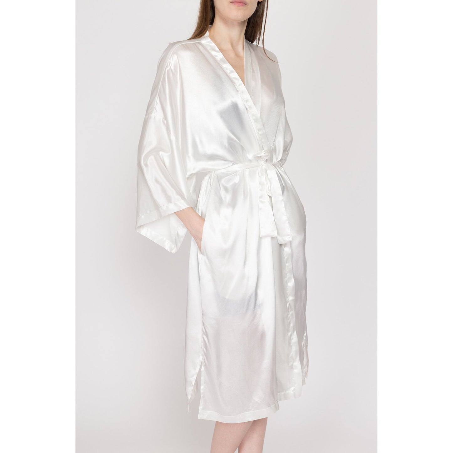 One Size 90s Victoria's Secret White Satin Robe | Vintage Bridal Dressing Gown Midi Loungewear Kimono