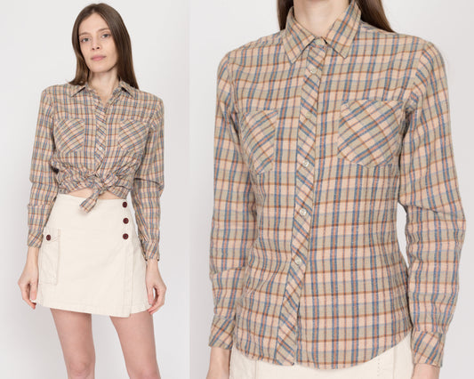 XS 70s Tan Plaid Flannel Shirt | Vintage Button Up Long Sleeve Collared Top