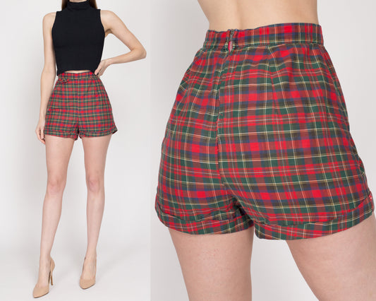 Small 1950s Jantzen Red Plaid High Waisted Pin Up Shorts 26" | Retro Vintage 50s Rockabilly Cotton Cuffed Mini Shorts