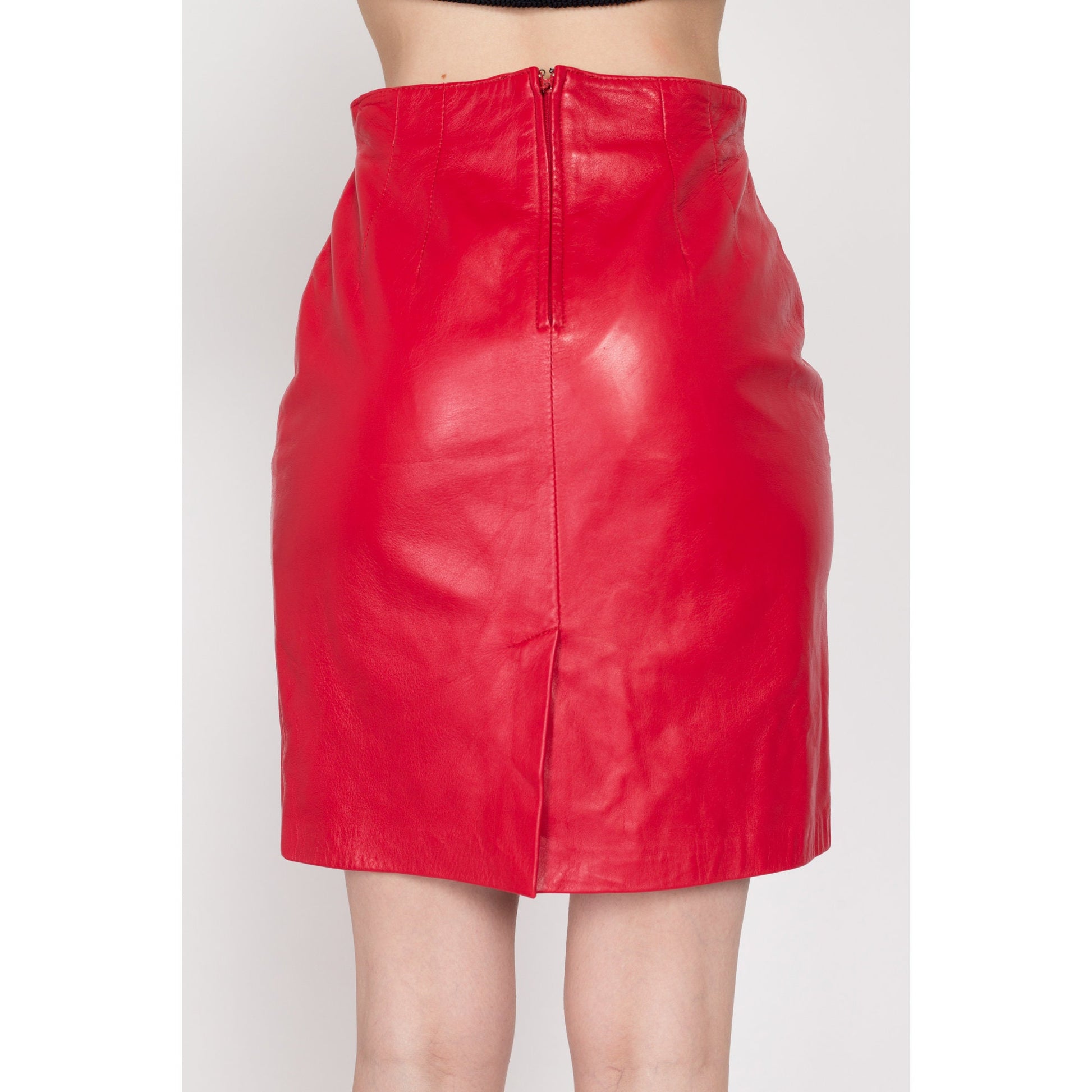 Small 90s Red Leather Pencil Skirt | Vintage High Waisted Rocker Fitted Mini Skirt
