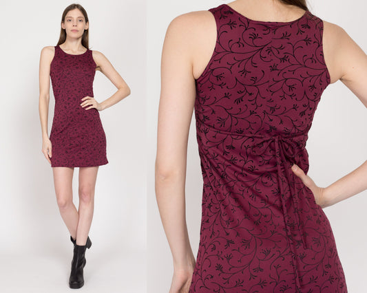 Petite XS 90s Wine Red Floral Mini Grunge Dress | Vintage Sleeveless Tie Back Fitted Dress