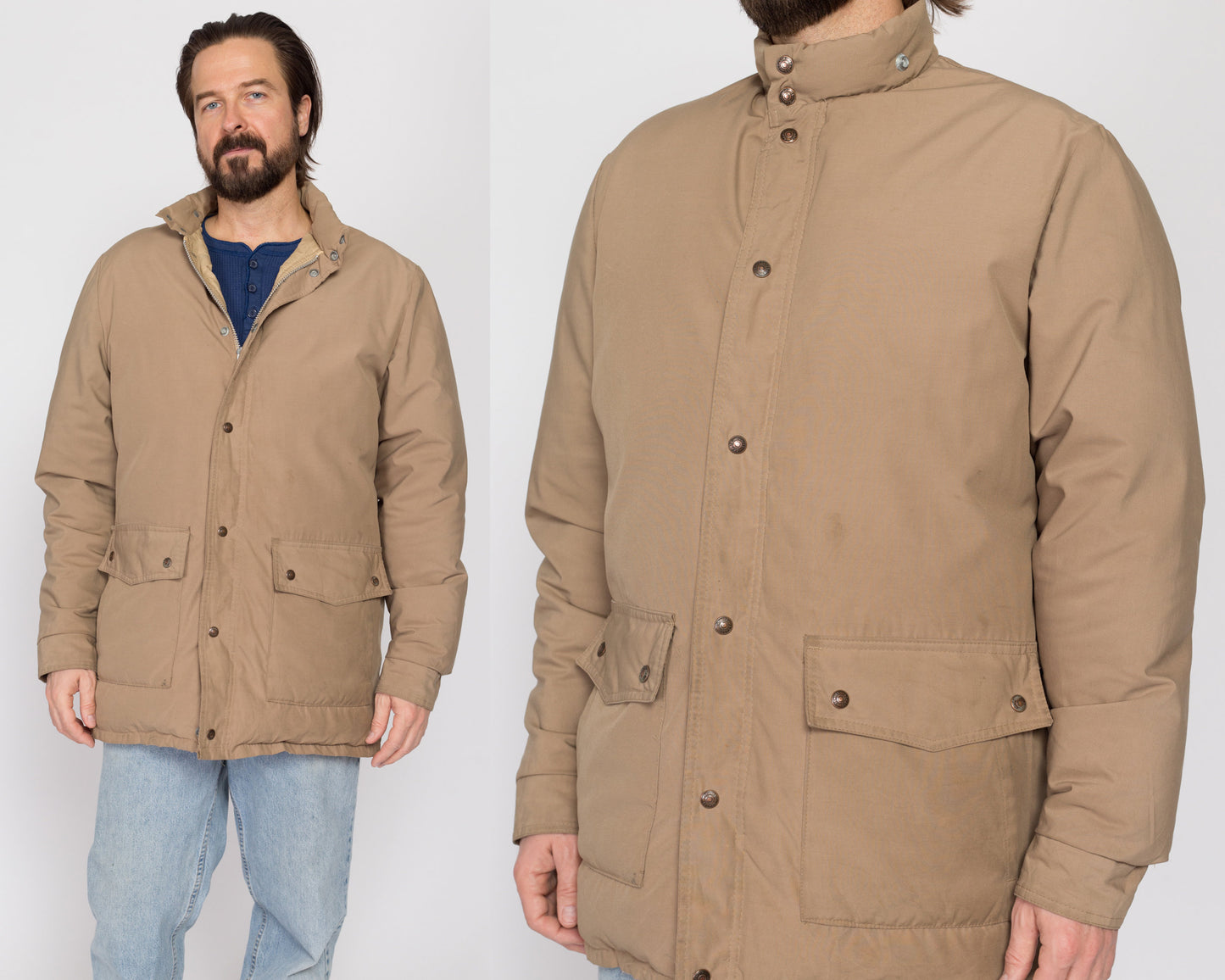Large 70s Schott Khaki Down Fill Puffer Winter Coat | Vintage Men's Tan Zip Up Warm Puffy Ski Jacket
