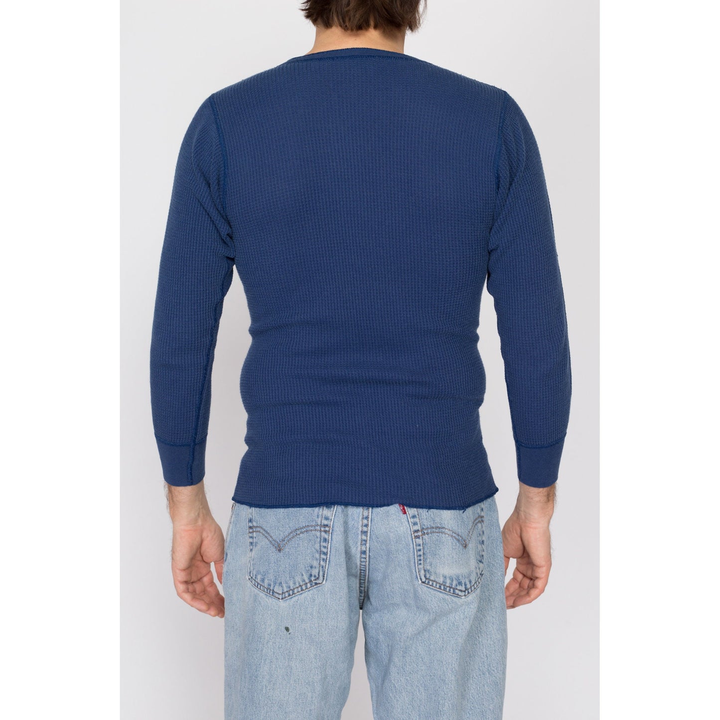 Medium 80s Navy Blue Waffle Knit Henley Shirt | Vintage Plain Long Sleeve Thermal Top