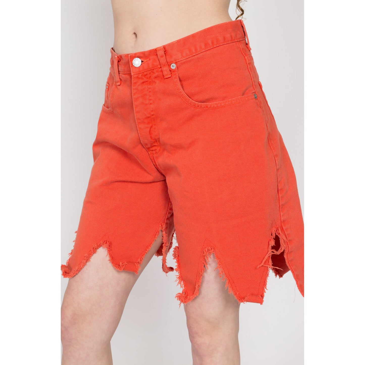 Medium 90s Guess Orange Dagger Hem Jean Shorts 30" | Vintage High Waisted Denim Cut Off Shorts