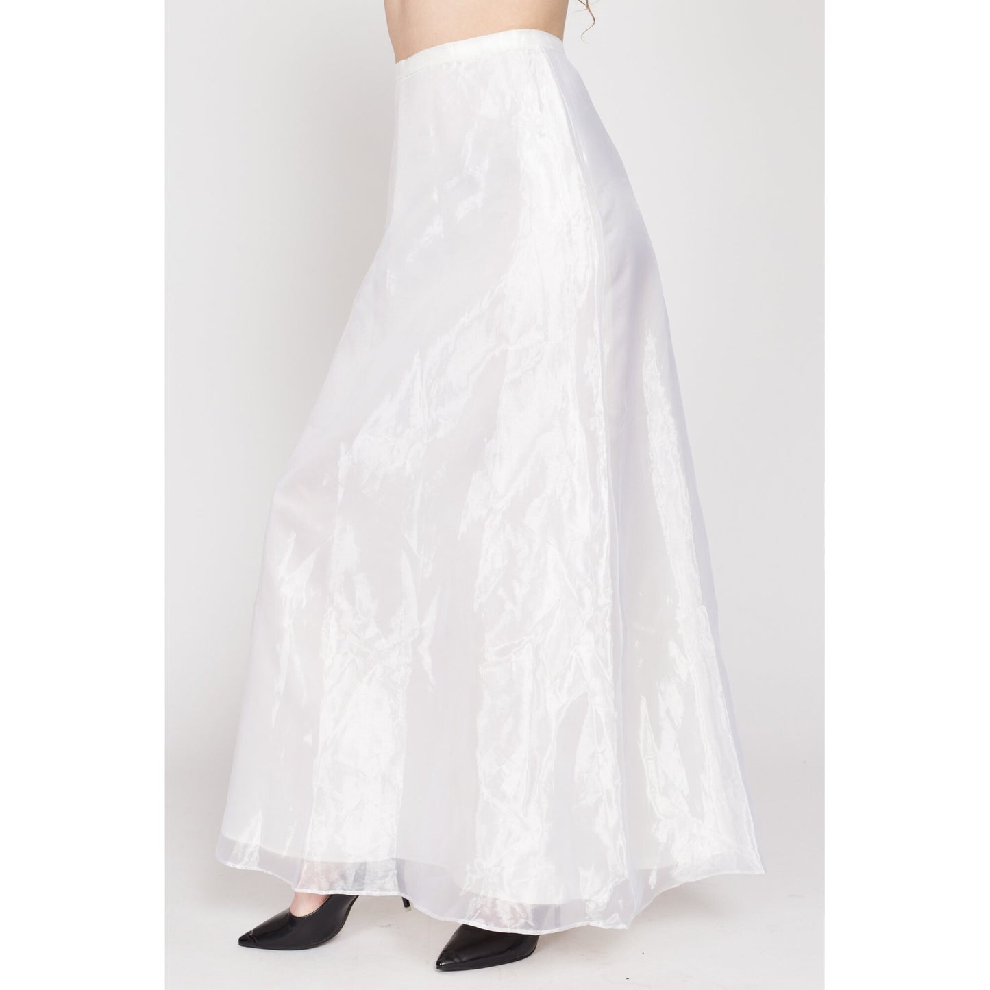 Small 80s White Organza Bridal Maxi Skirt 26.5" | Vintage High Waisted Floor Length Formal Wedding Skirt