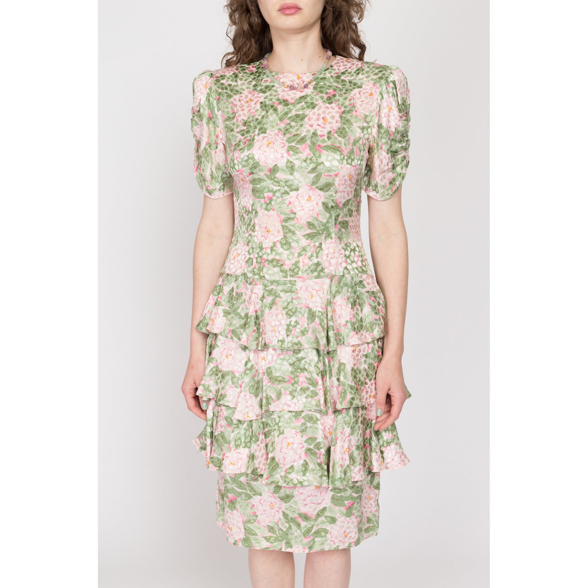 Medium 80s Maggy London Rose Floral Silk Dress | Vintage Boho Puff Sleeve Ruffle Skirt Midi Dress
