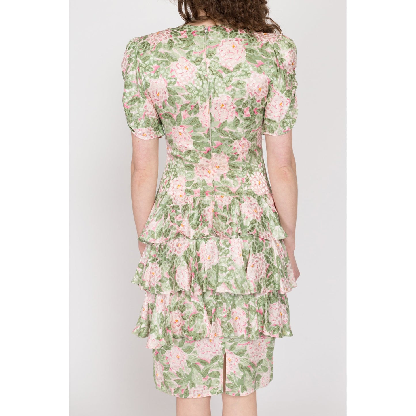 Medium 80s Maggy London Rose Floral Silk Dress | Vintage Boho Puff Sleeve Ruffle Skirt Midi Dress