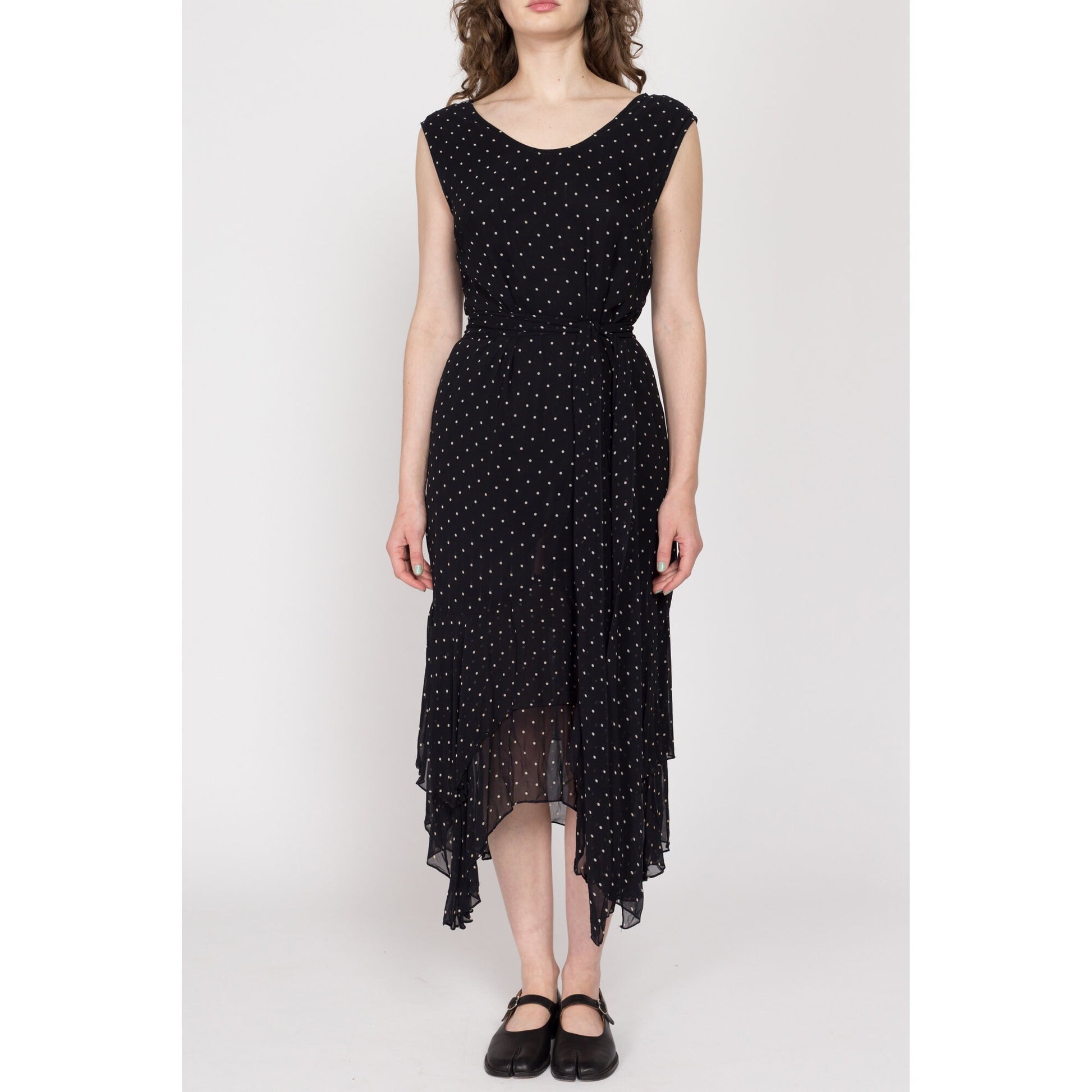 Medium 90s Black Silk Polka Dot Scarf Hem Dress | Vintage Boho Sleeveless Low Back Maxi Dress