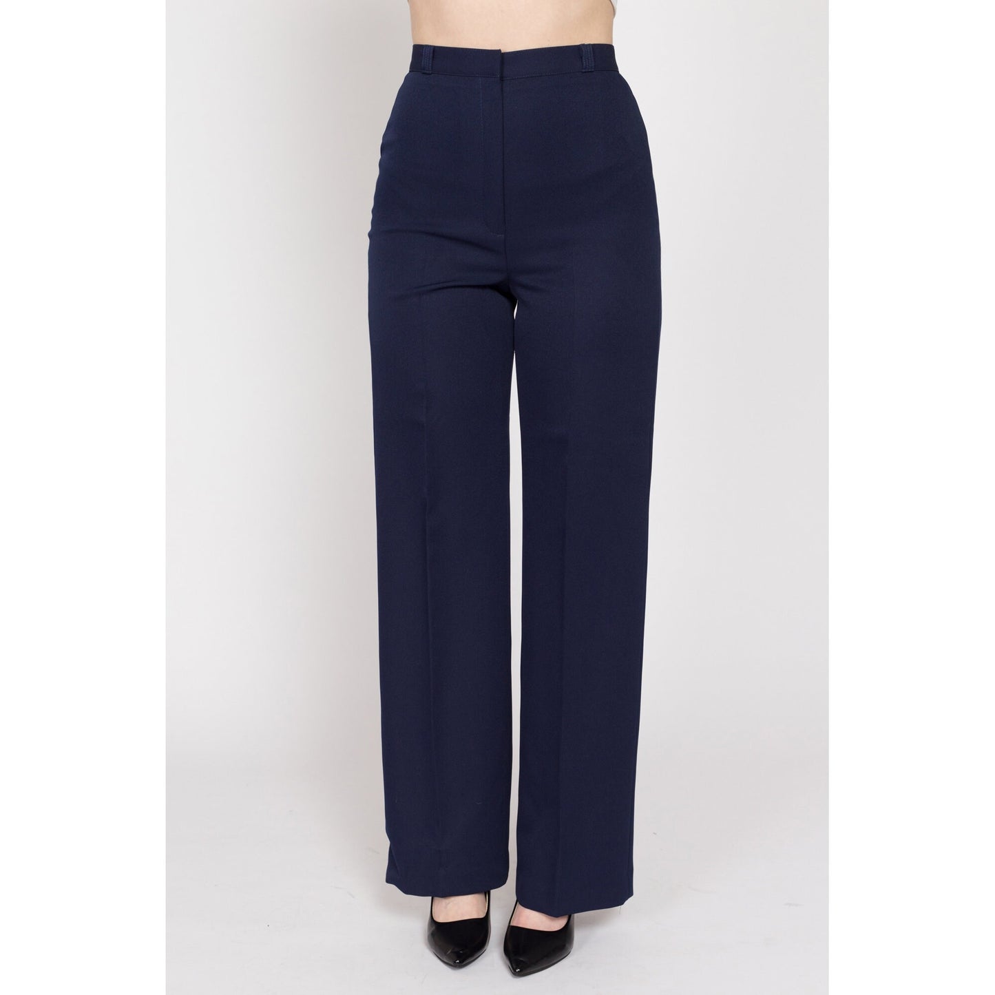 Small 70s Navy Blue High Waisted Trousers NWT 26.5" | Retro Vintage Panther Straight Leg Polyester Pants