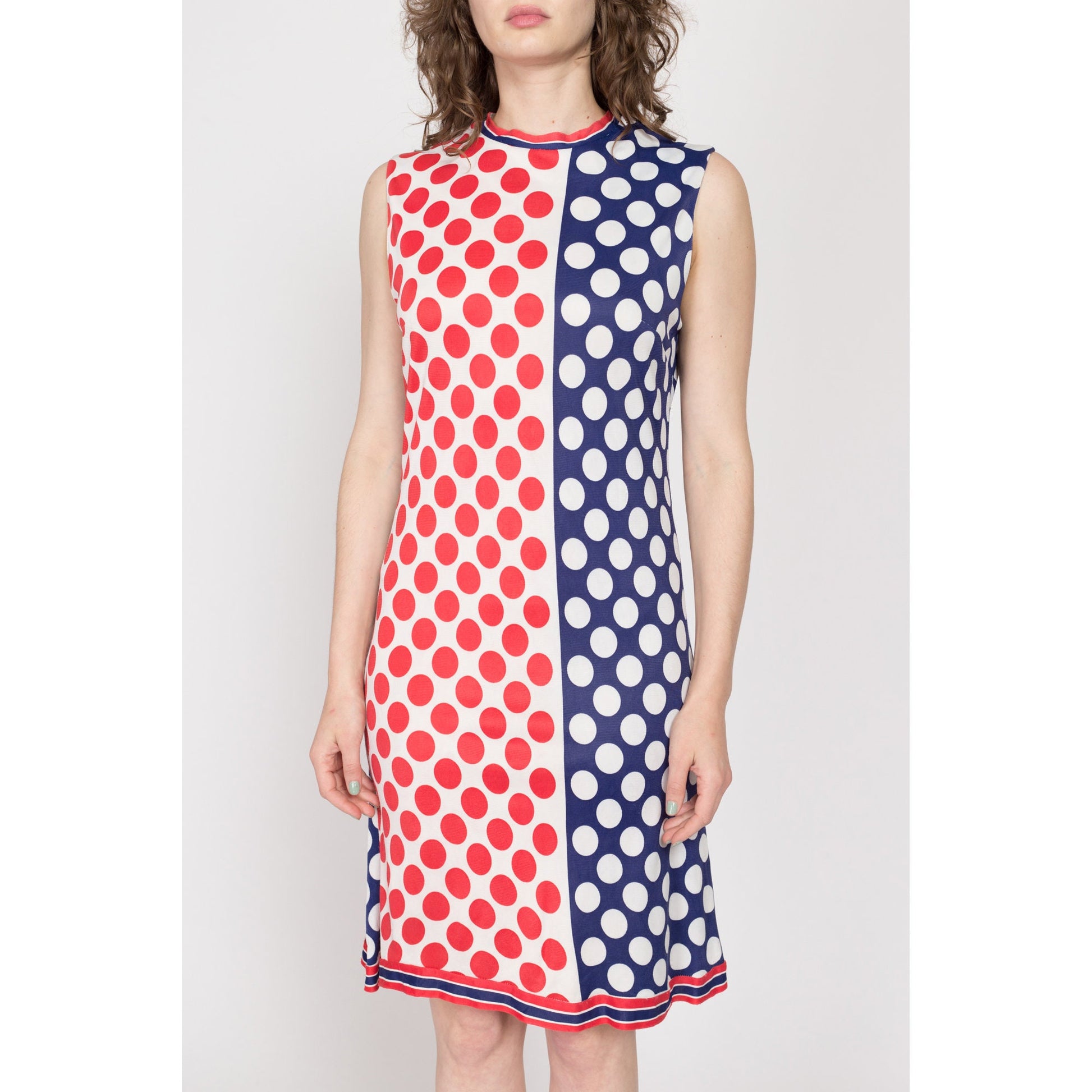 Medium 60s Red White & Blue Polka Dot Mod Mini Dress | Vintage Retro Sleeveless Color Block A Line Dress