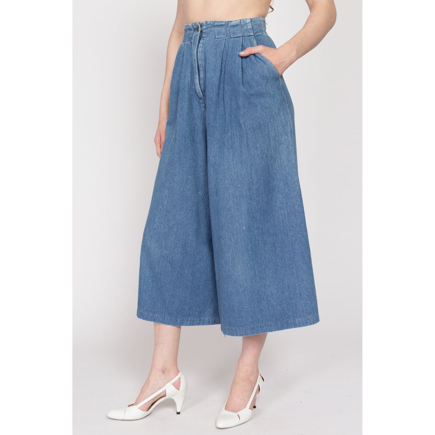 XS 80s Denim Long Culotte Shorts 25" | Vintage High Waisted Wide Leg Blue Jean Pocket Capri Pants