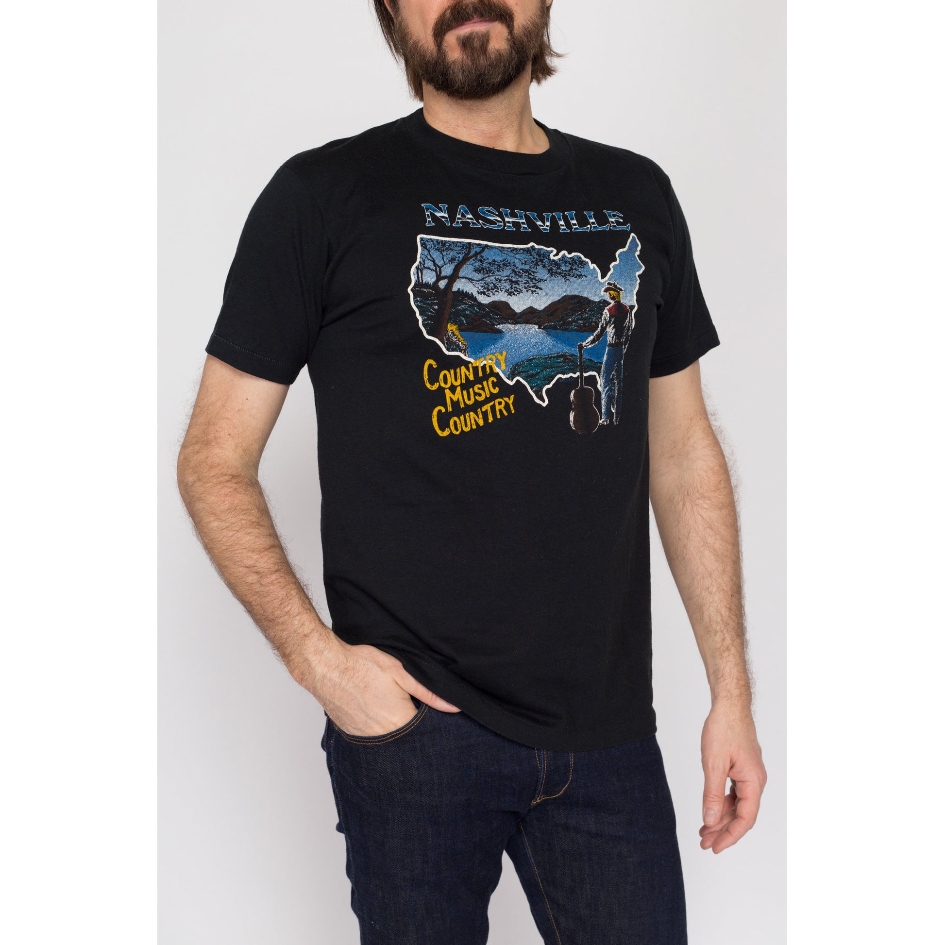 Medium 80s Nashville Country Music T Shirt | Vintage Music City Black Graphic Guitar Tee