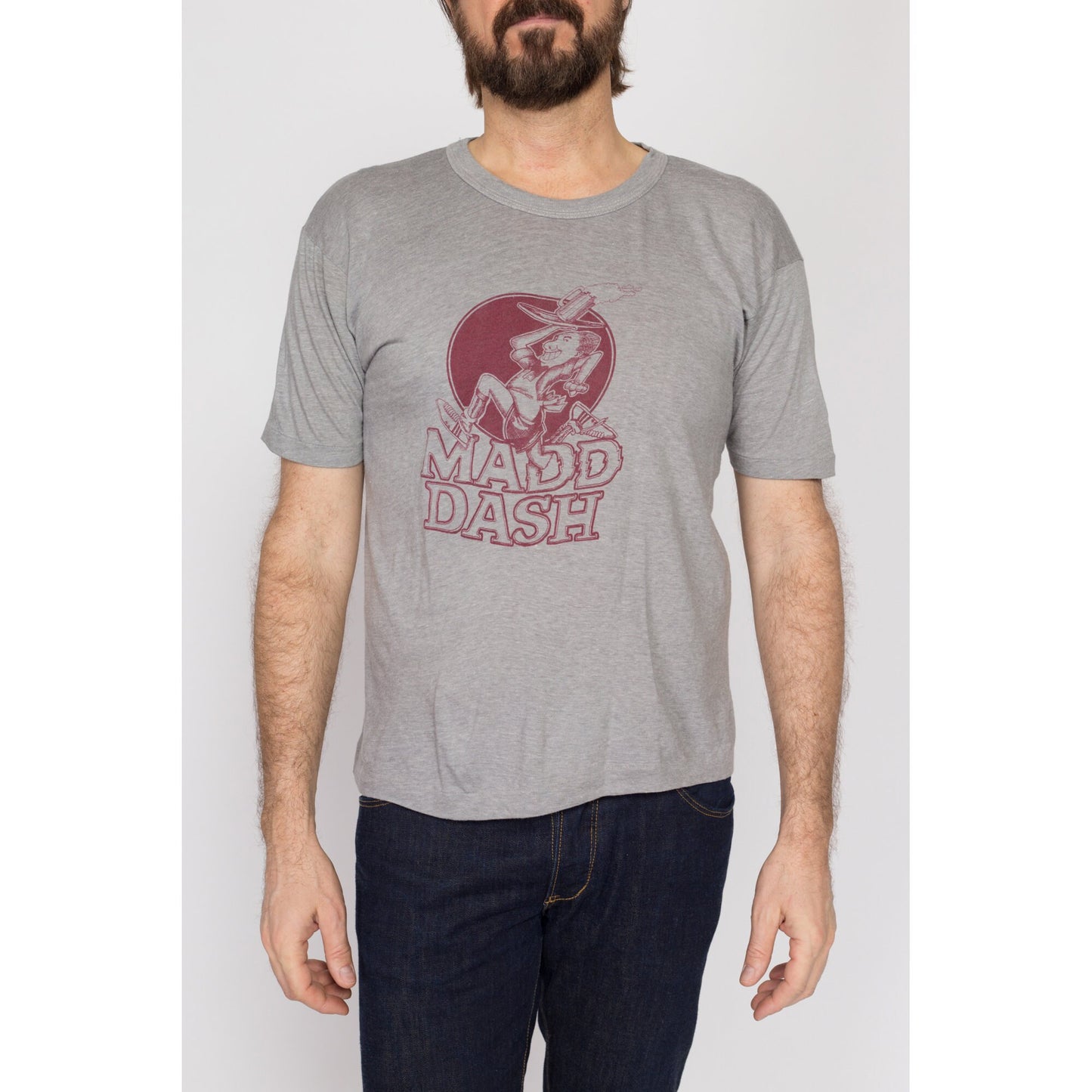 Med-Lrg 80s "Madd Dash" Marathon T Shirt | Vintage California Race Graphic Grey Tourist Tee