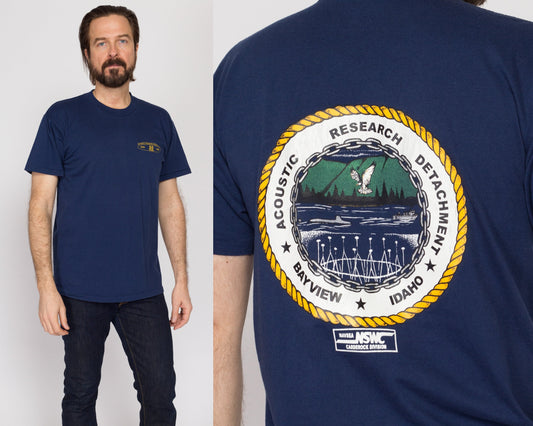 90s Acoustic Research Detachment Submarine T Shirt | Vintage Bayview Idaho Blue US Navy Graphic Tee