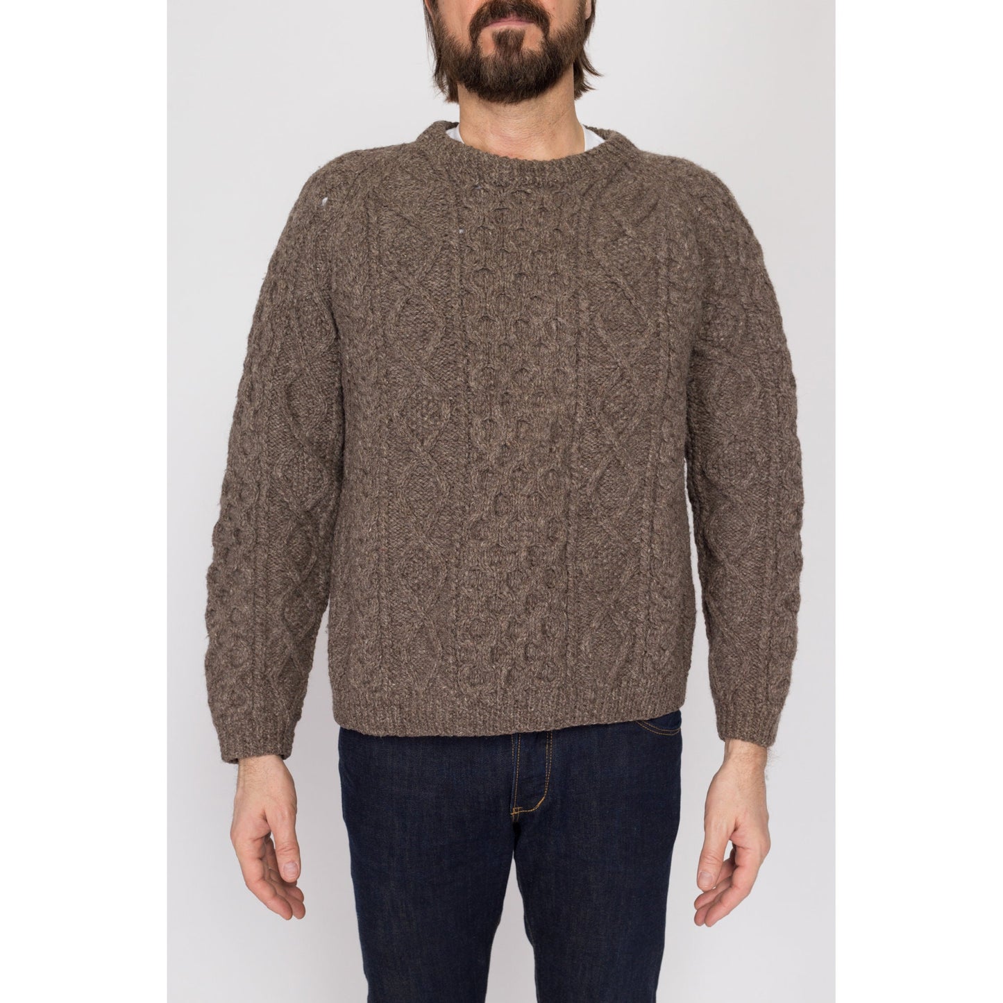 Medium 70s Aran Irish Taupe Cable Knit Fisherman Sweater | Vintage Chunky Wool Pullover Jumper