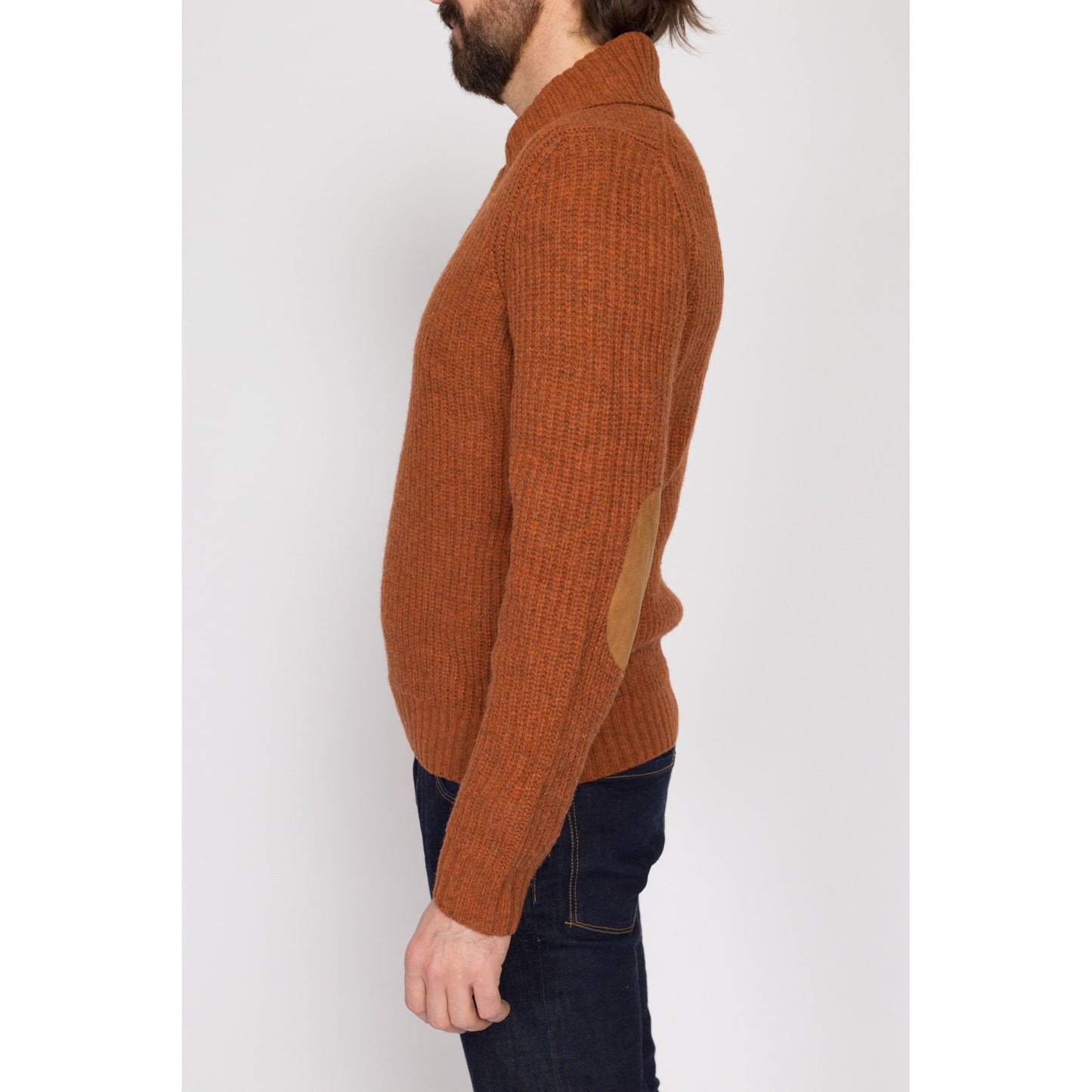 Medium 70s Orange Shawl Collar Elbow Patch Sweater | Vintage Marled Knit Wool Blend Collared Pullover