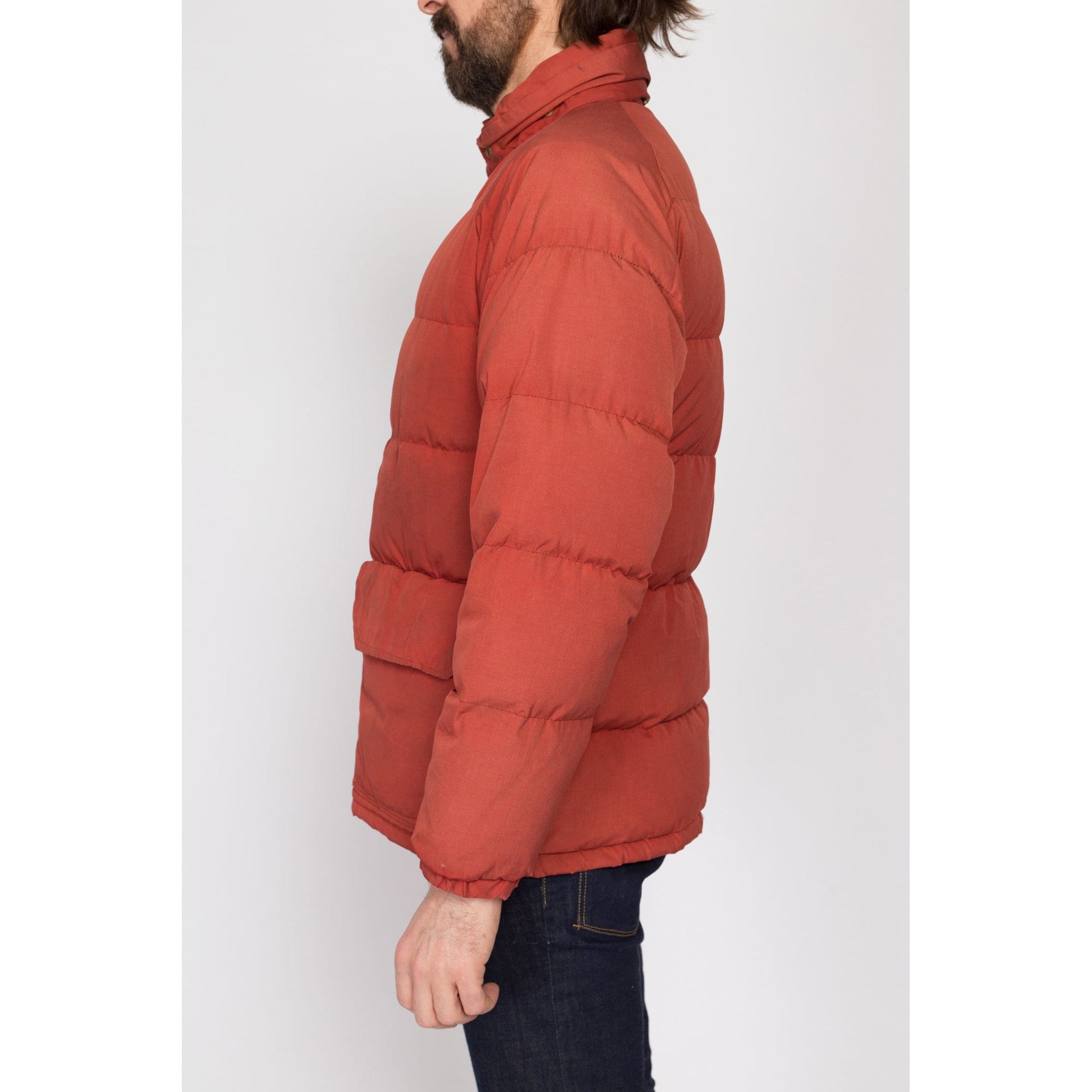 Medium 70s Rust Red Down Fill Puffer Winter Coat | Vintage Men's Zip Up Warm Puffy Ski Jacket
