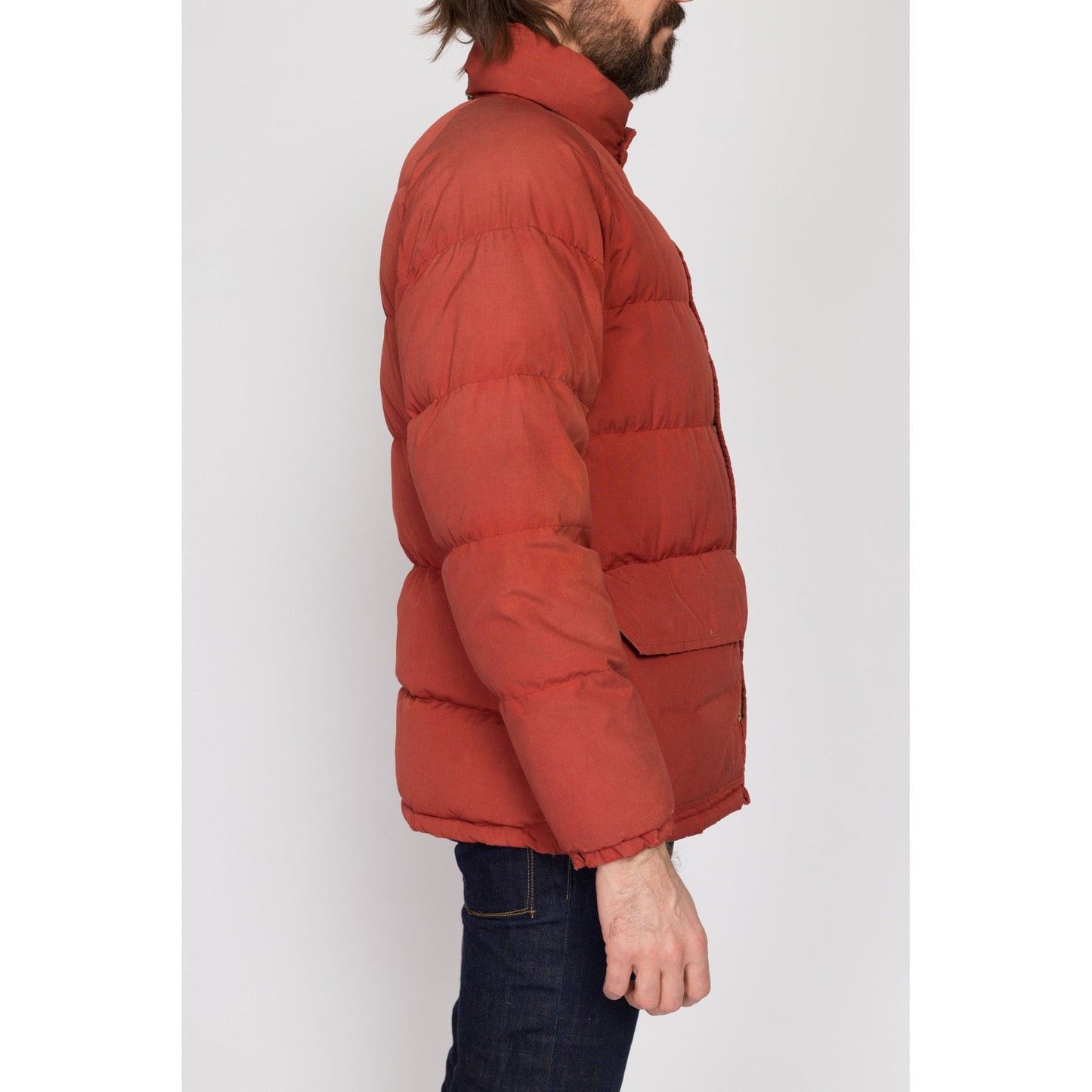 Medium 70s Rust Red Down Fill Puffer Winter Coat | Vintage Men's Zip Up Warm Puffy Ski Jacket