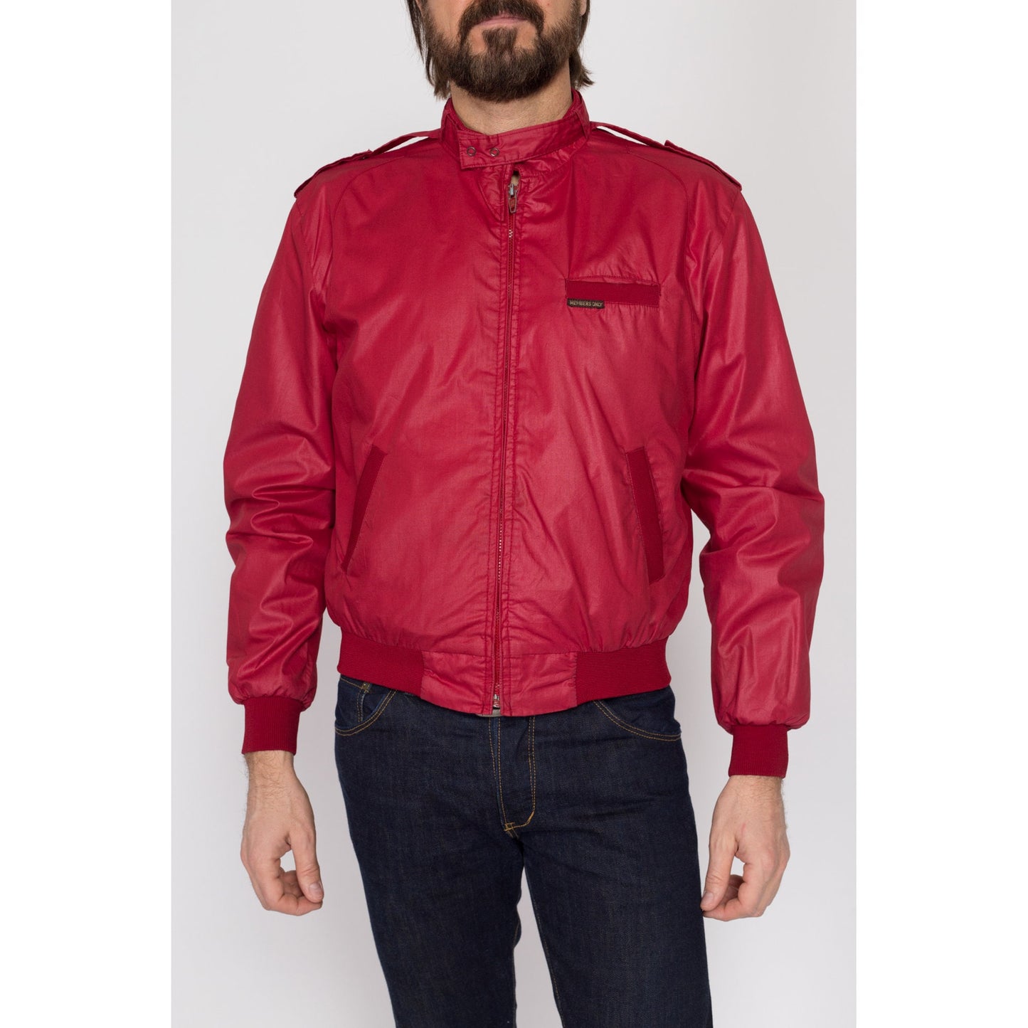 Medium 80s Members Only Crimson Red Cafe Racer Jacket | Vintage Lightweight Zip Up Windbreaker
