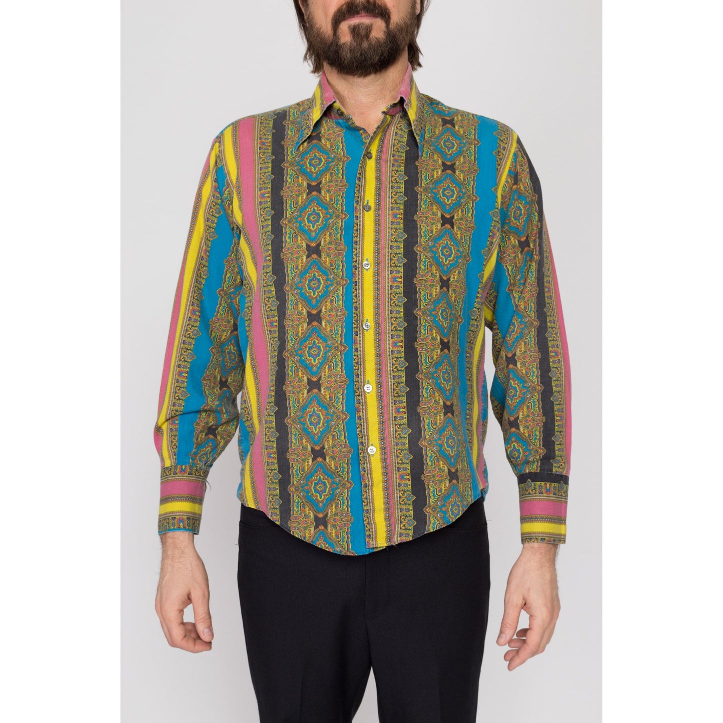 Large 70s Psychedelic Baroque Striped Disco Shirt | Vintage Pointed Collar Long Sleeve Button Up Top