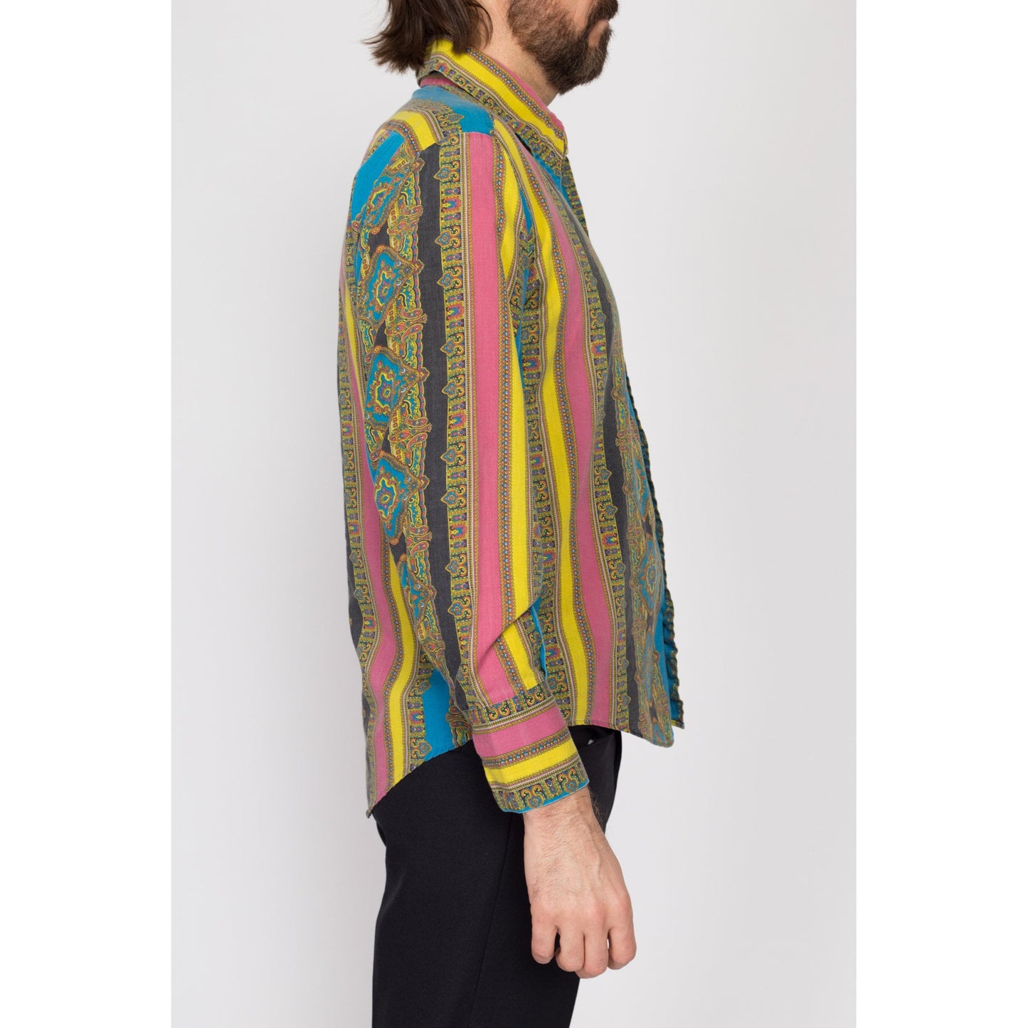 Large 70s Psychedelic Baroque Striped Disco Shirt | Vintage Pointed Collar Long Sleeve Button Up Top