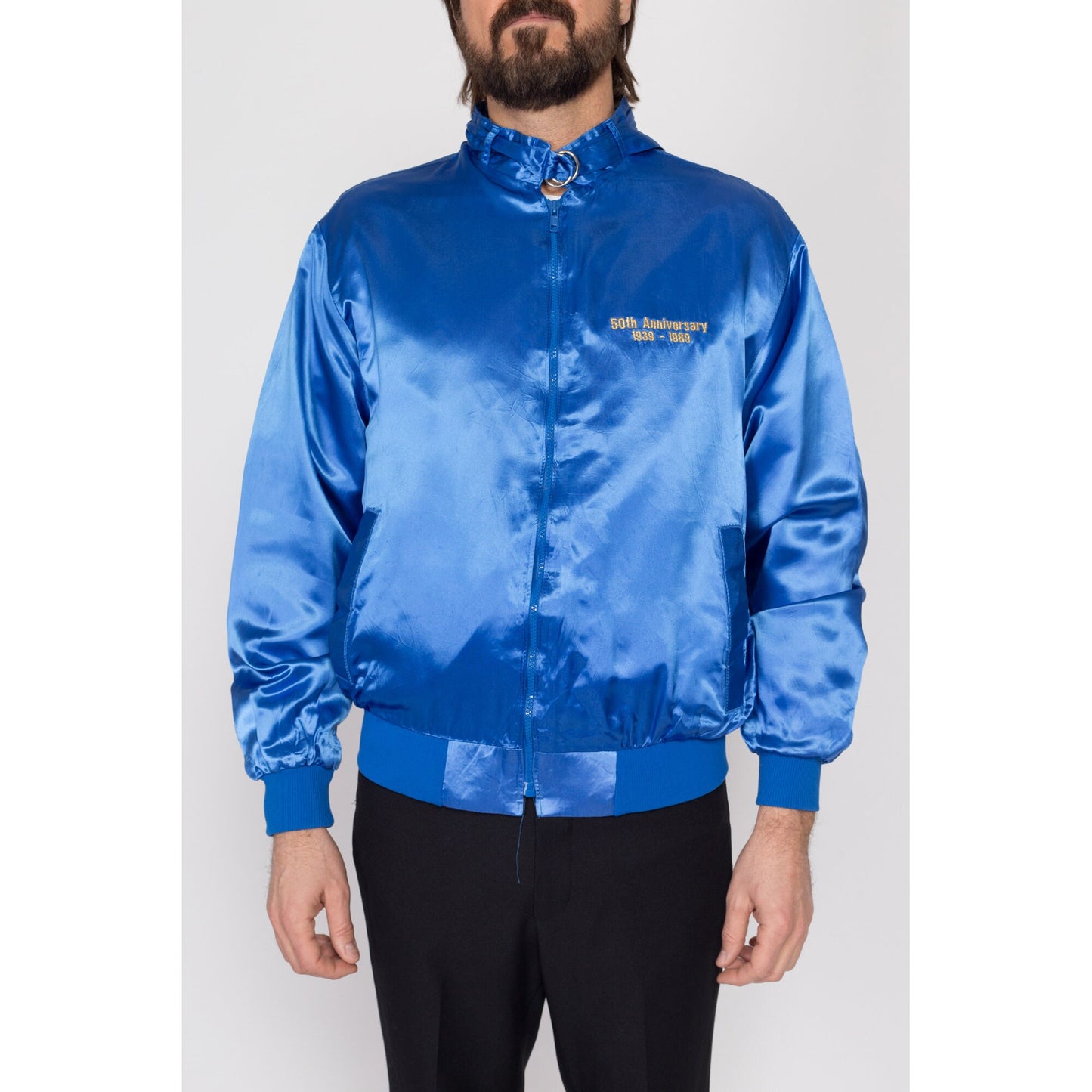 Large 80s Operating Engineers Union Blue Satin Jacket | Vintage IUOE Zip Up Varsity Logo Coat