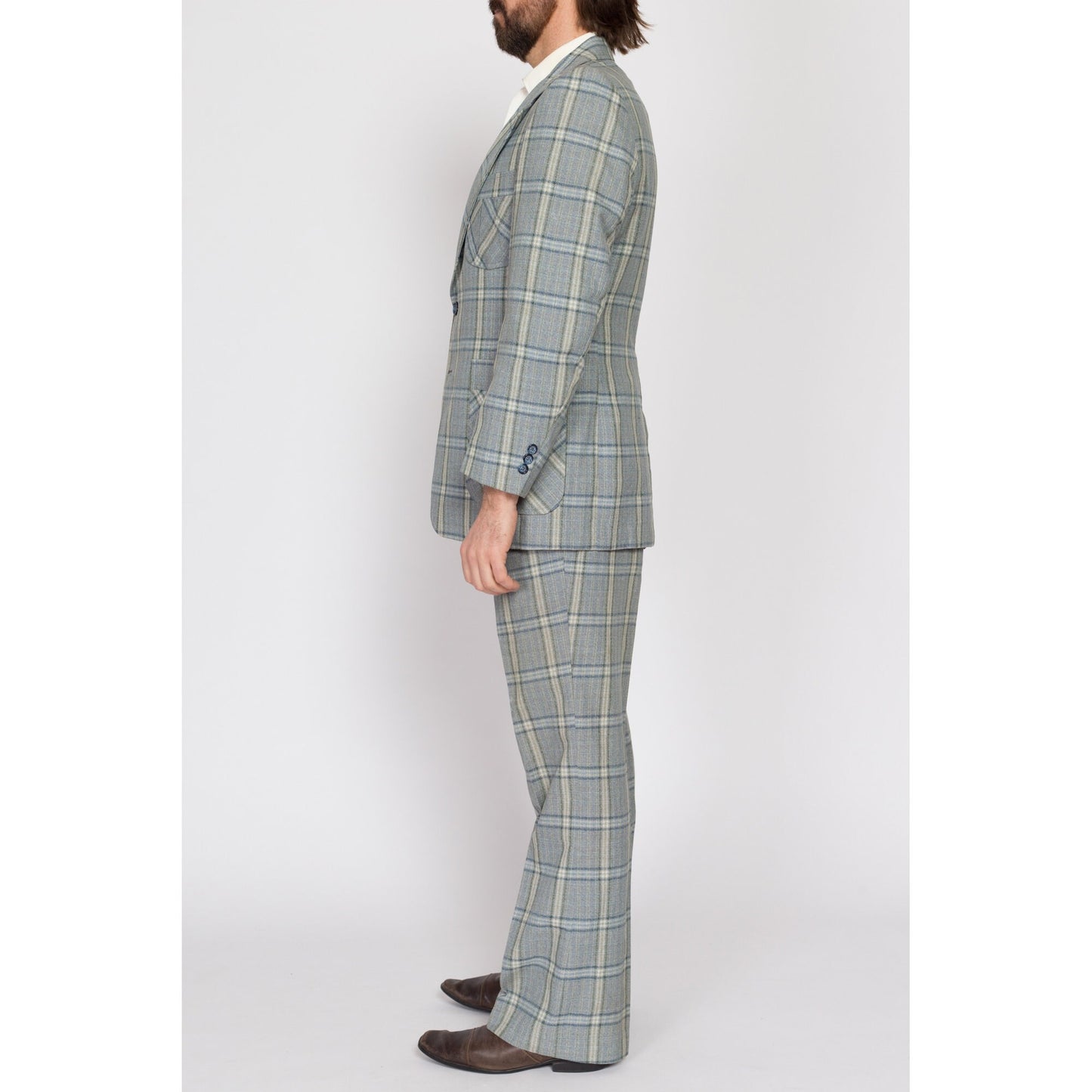 Medium 70s Blue Plaid Suit Set | Vintage Jacket & Bootcut Trousers Matching Two Piece Formal Outfit