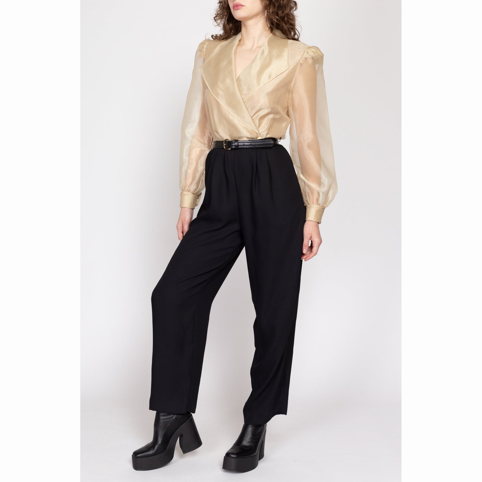 Medium 80s Organza Two Tone Jumpsuit | Vintage Gold Black Sheer Sleeve Collared Pantsuit