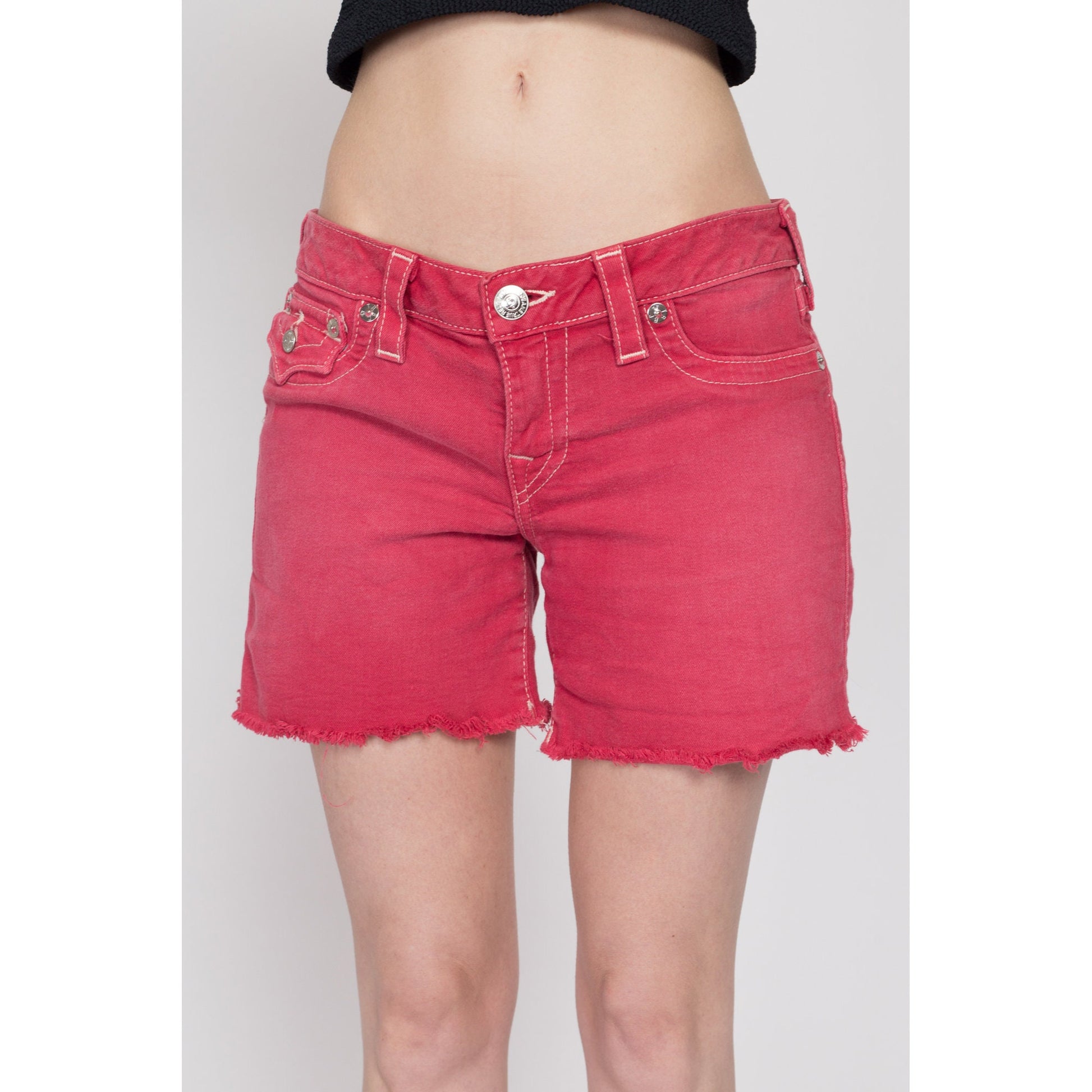 Medium Y2K True Religion Red Low Rise Jean Shorts | Vintage Streetwear Faded Cutoff Jean Shorts