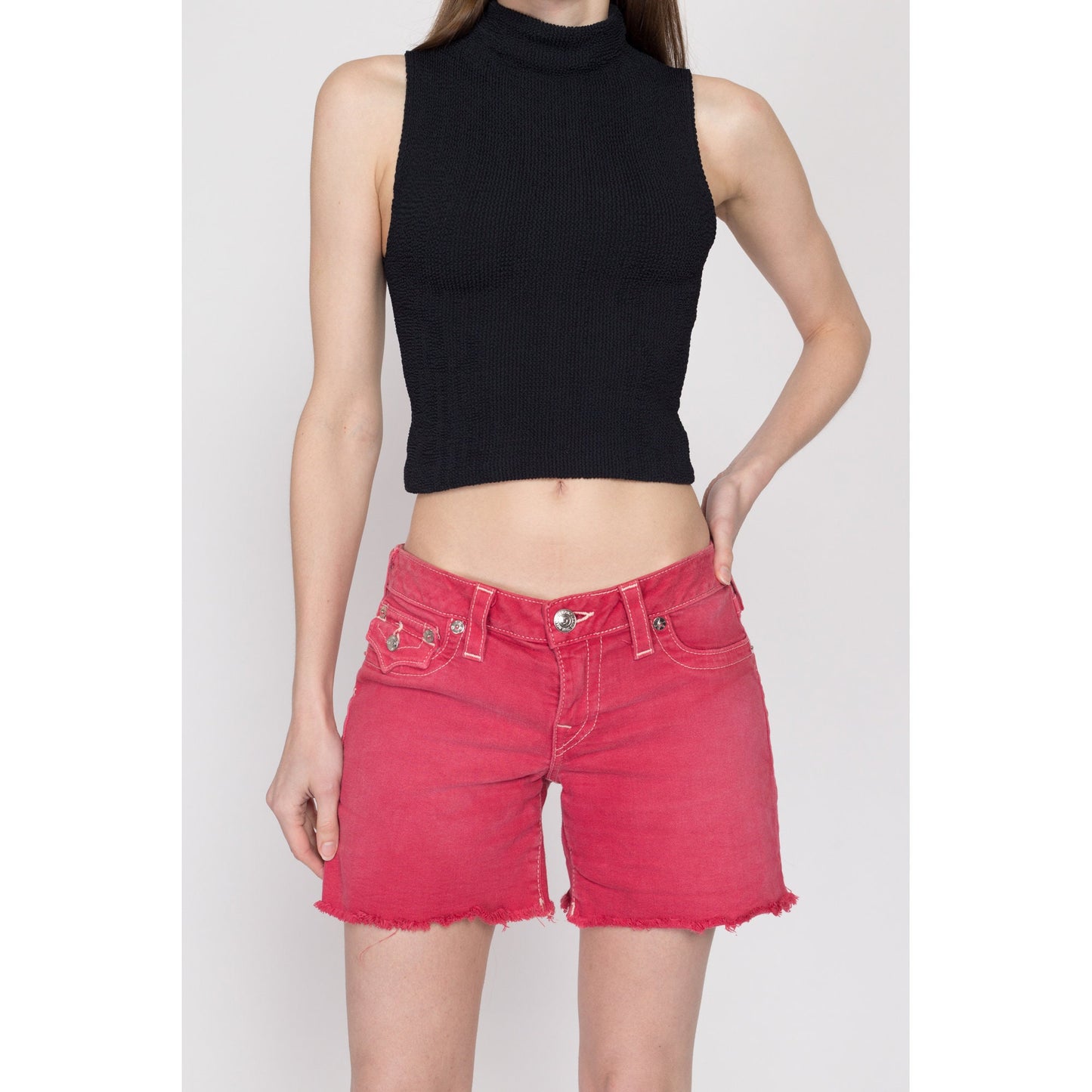 Medium Y2K True Religion Red Low Rise Jean Shorts | Vintage Streetwear Faded Cutoff Jean Shorts