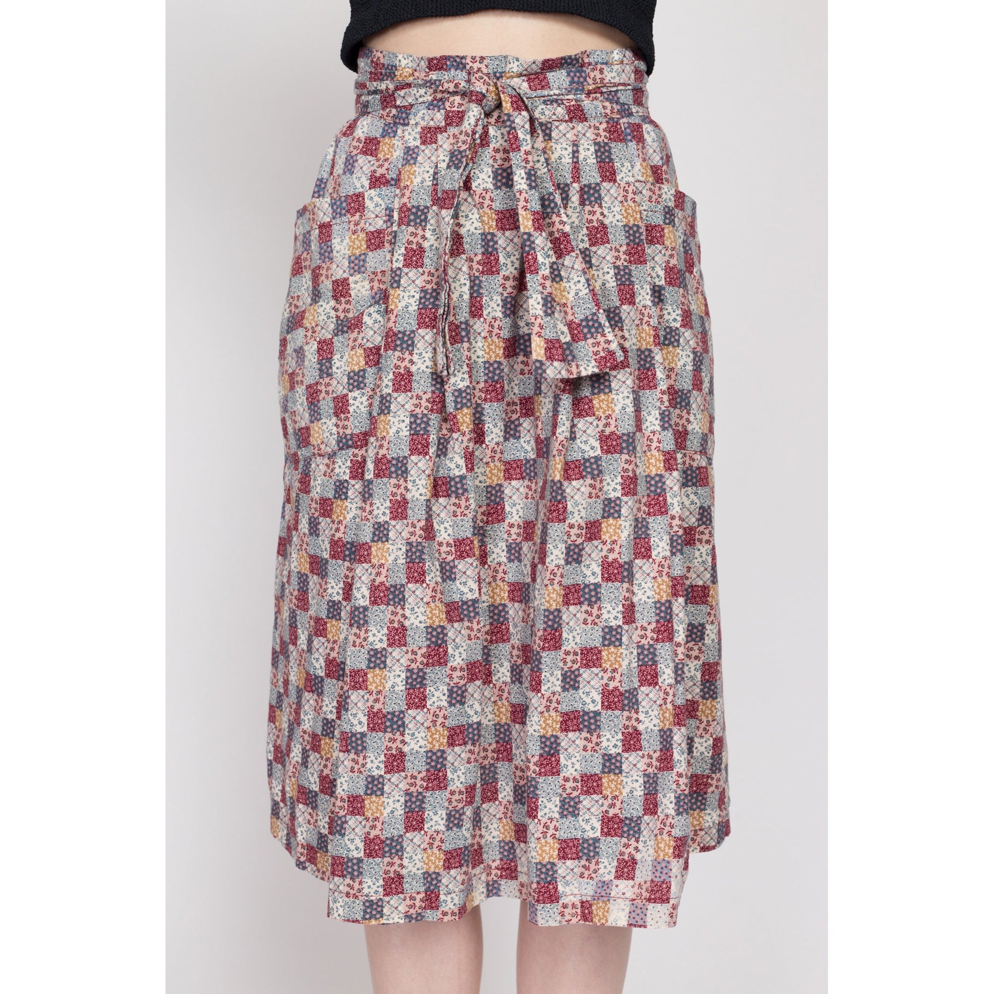Small 70s Patchwork Calico Floral Wrap Skirt | Vintage A Line Boho Pocket Midi Skirt