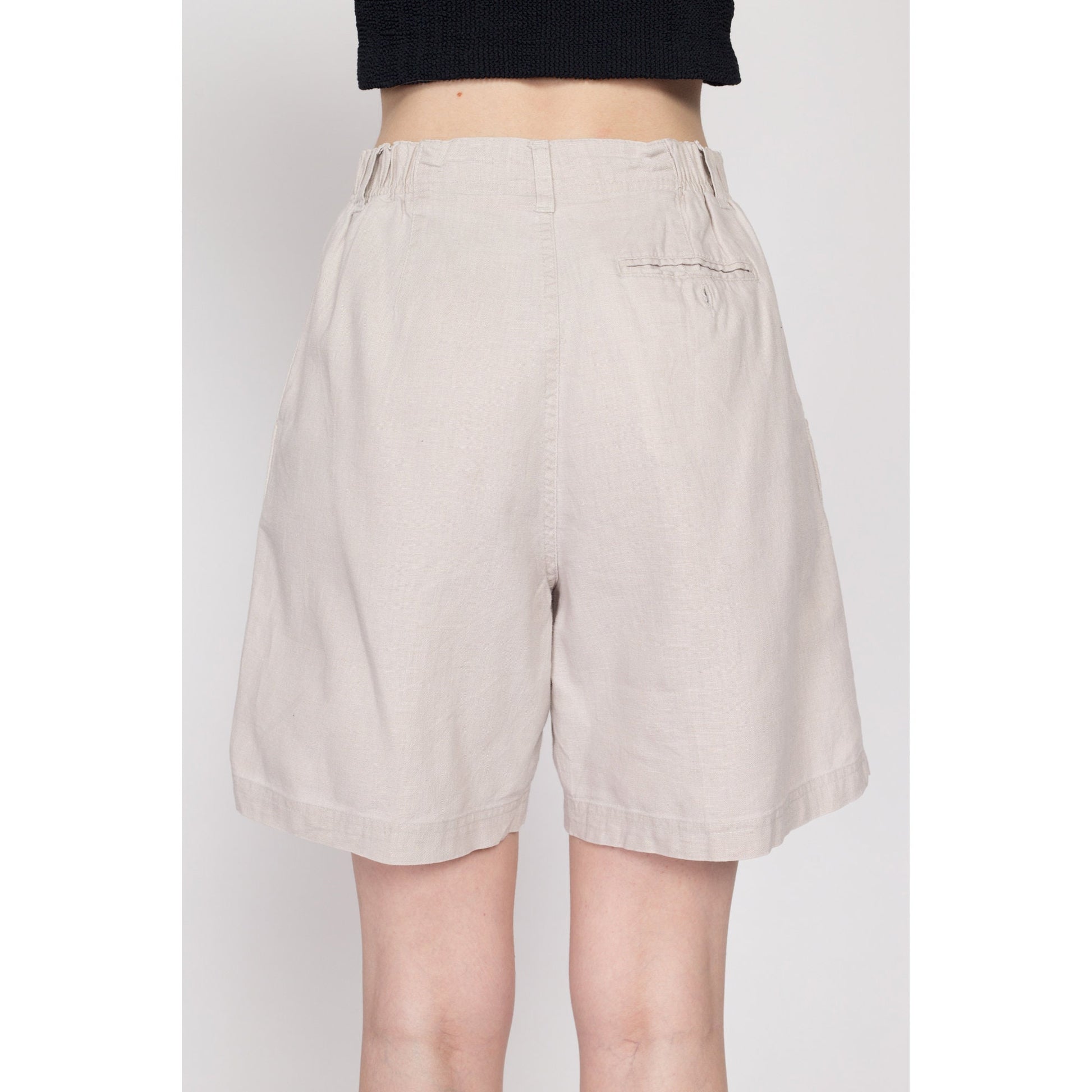 Sm-Med 90s Oatmeal Linen Blend High Waisted Shorts | Vintage Minimalist Khaki Wide Leg Mom Shorts