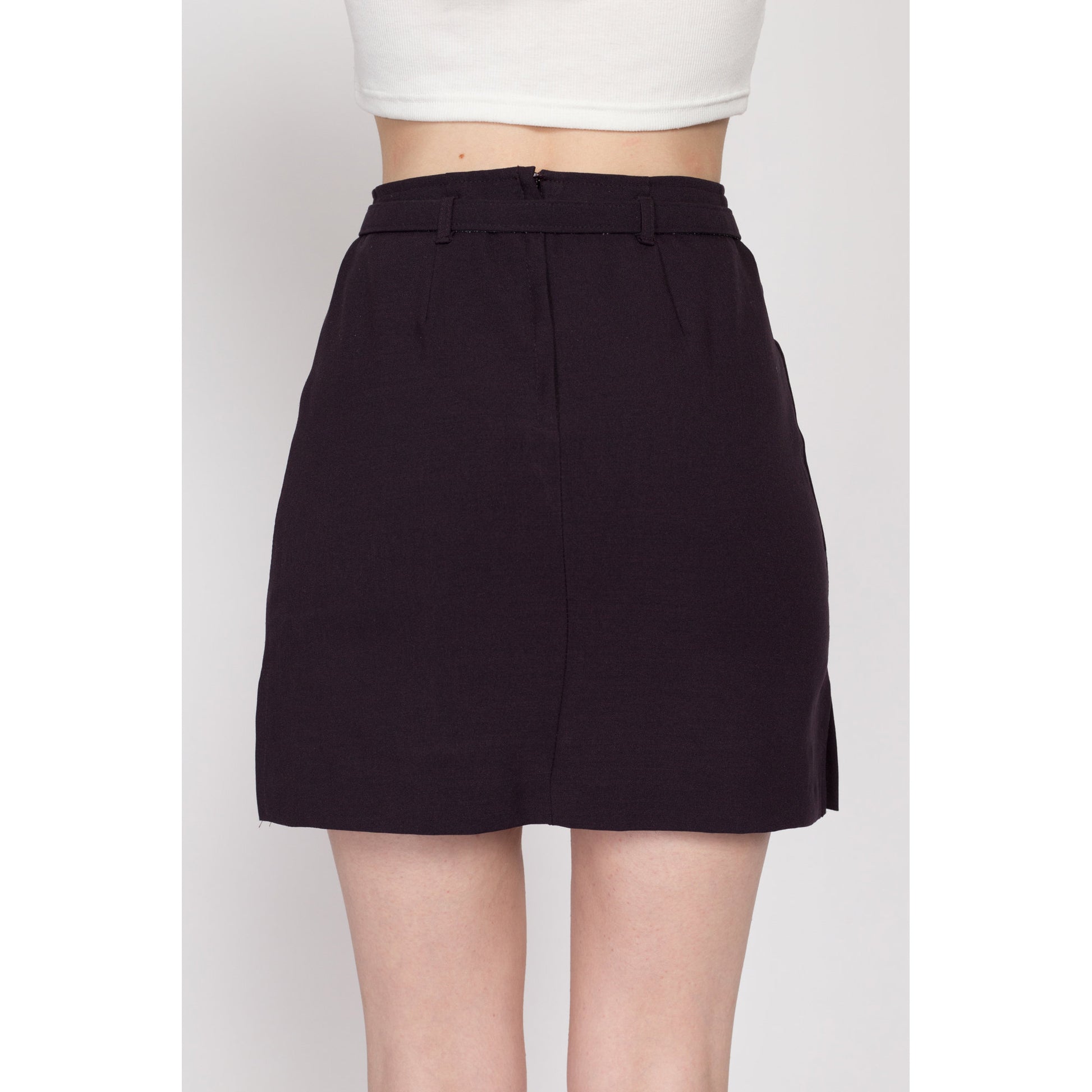 XS 90s Plum Purple Belted Mini Skirt 25" | Vintage High Waisted A Line Minimalist Miniskirt