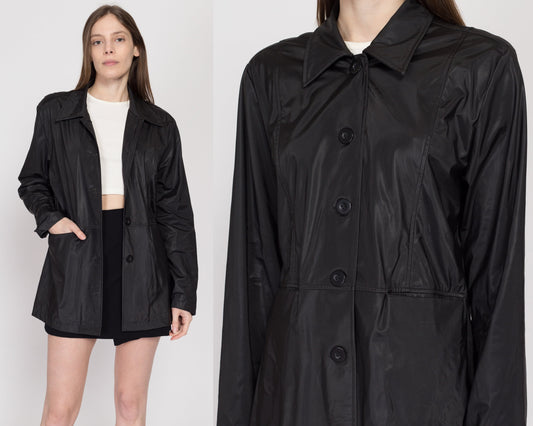 Large 90s Y2K Black Wet Look Blazer | Vintage Minimalist Button Up Lightweight Jacket
