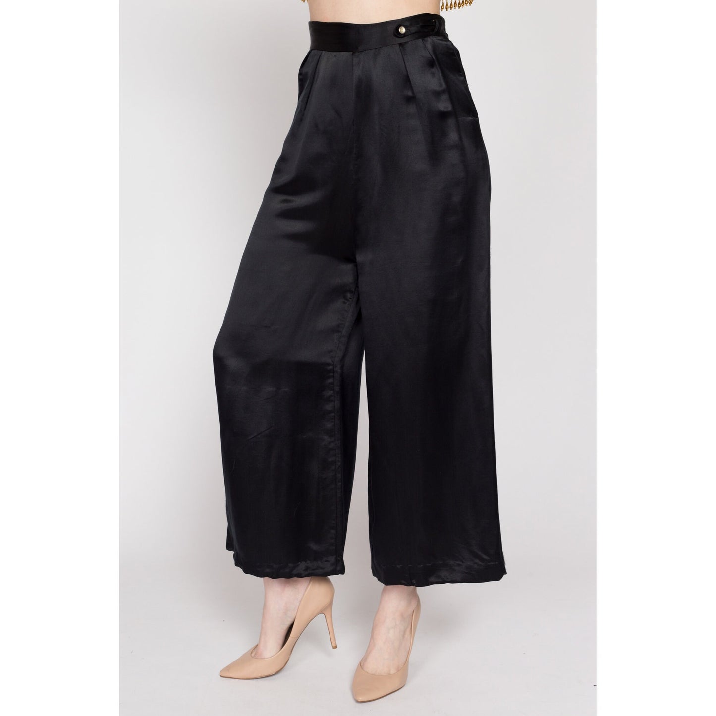 Small 1930s Black Satin Wide Leg Lounge Pants 26" | Vintage 30s Beach Pajamas High Waisted Palazzo Trousers
